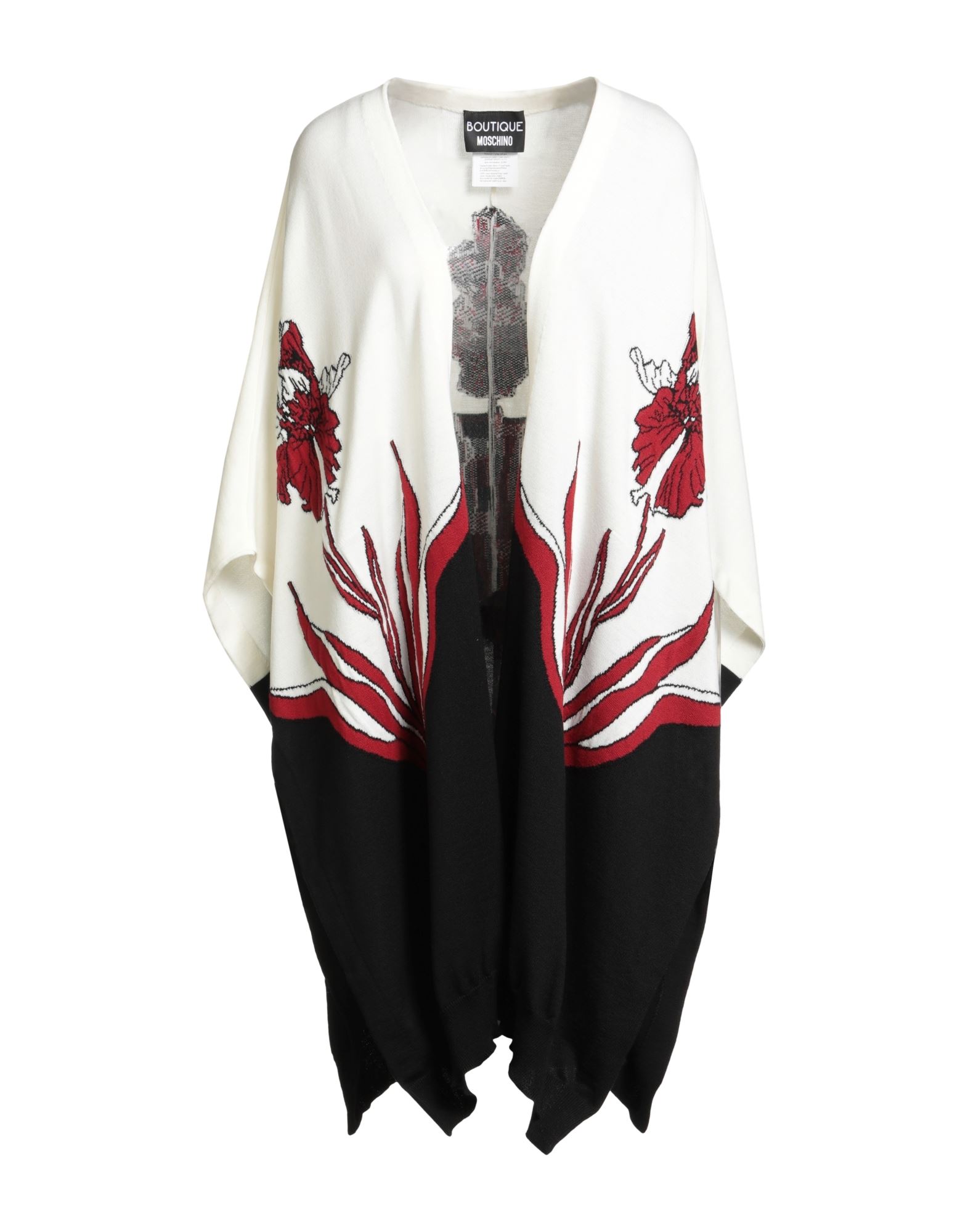 망토, 니트 소재, 라이트웨이트 니트, 멀티컬러 패턴, 장식 부착 없음, 딥 네크라인, 안감없음, 플랩 포켓, 손세탁 또는 드라이클리닝, 표백 금지, 건조기 사용불가. 이미지