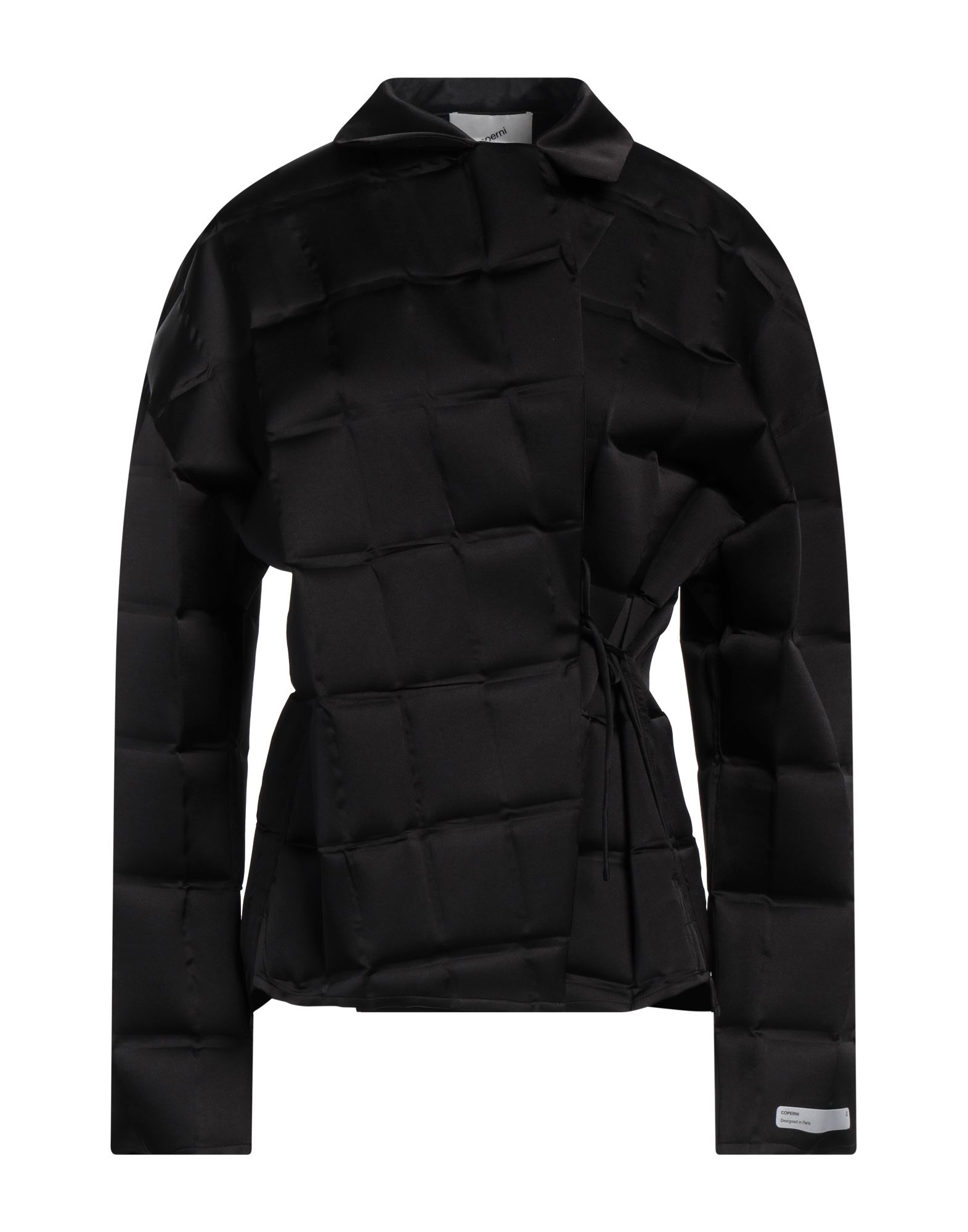 자켓, 새틴, 솔리드 컬러, 브랜드 로고, 라펠, 롱 슬리브, 안감없음, 타이 여밈, 포켓 없음, 드라이클리닝, 표백 금지, 건조기 사용불가. 이미지