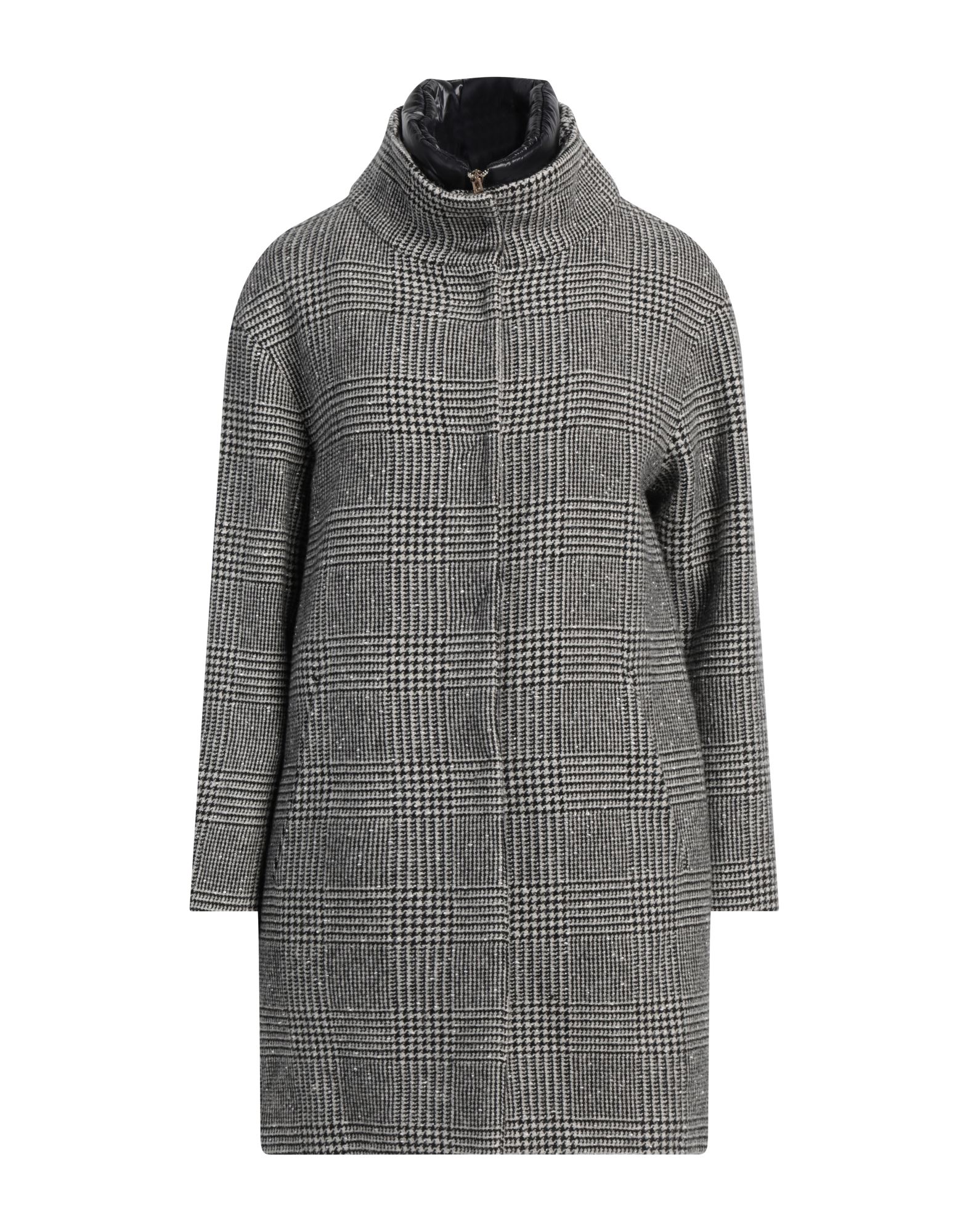 싱글 브레스티드 코트, 트위드, 메탈릭 효과, 프린스 오브 웨일스, 장식 부착 없음, 터틀넥, 롱 슬리브, 합성 충전재, 디테쳐블 안감, 지퍼 여밈, 스냅버튼 여밈, 멀티 포켓, 드라이클리닝, 표백 금지, 건조기 사용불가. 이미지