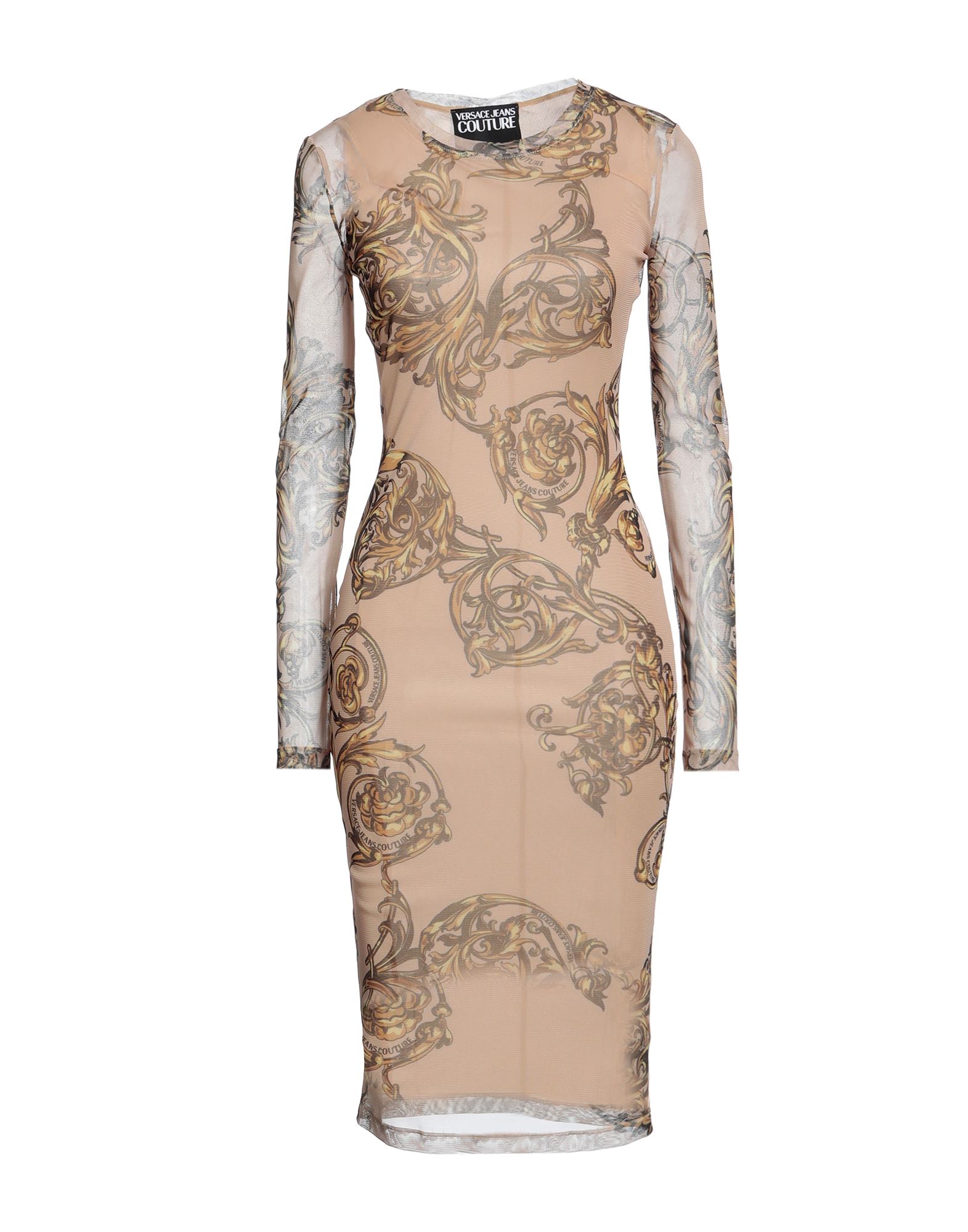 튤, 브랜드 로고, 디자이너 모티브, 라운드 네크라인, 롱 슬리브, 슬립 내장, 펜슬 스커트. 이미지