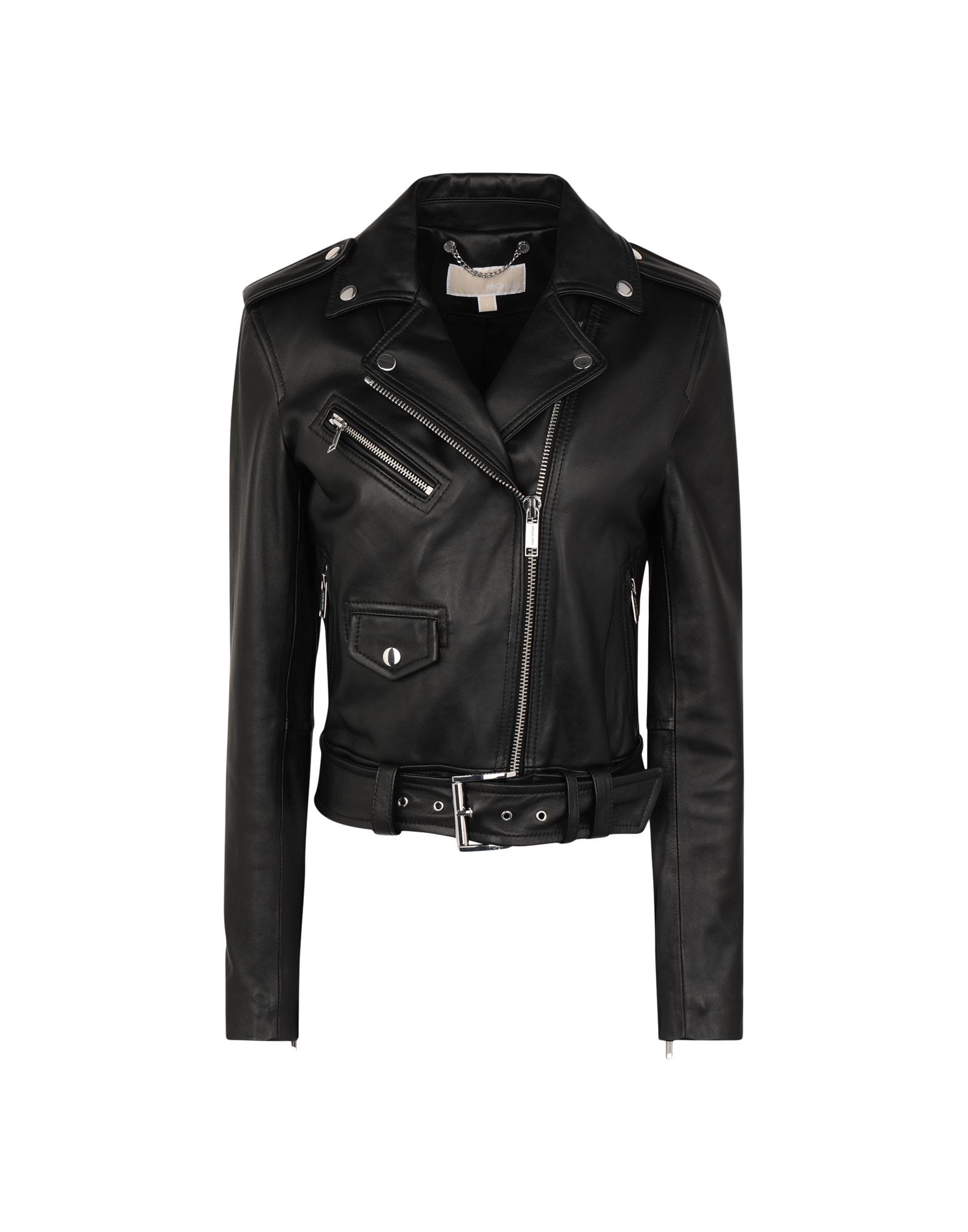 바이커 자켓, 가죽, 솔리드 컬러, 탭, 벨트, 라펠, 더블브레스티드, 롱 슬리브, 지퍼 커프스, 지퍼 여밈, 멀티 포켓, 동물성 비섬유 자재 함유. 이미지