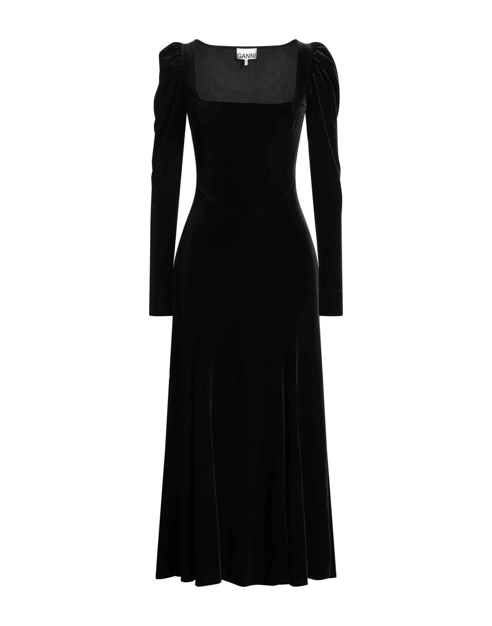 풀 스커트 원피스, 벨벳, 스트레치 패브릭, 솔리드 컬러, 장식 부착 없음, 스퀘어 네크라인, 롱 슬리브, 세탁기로 세탁, 표백 금지, 건조기 사용불가, 스타일과 우아함 그리고 화려함이 어우러진 멋진 파티 룩을 연출해줄 피스. 이미지