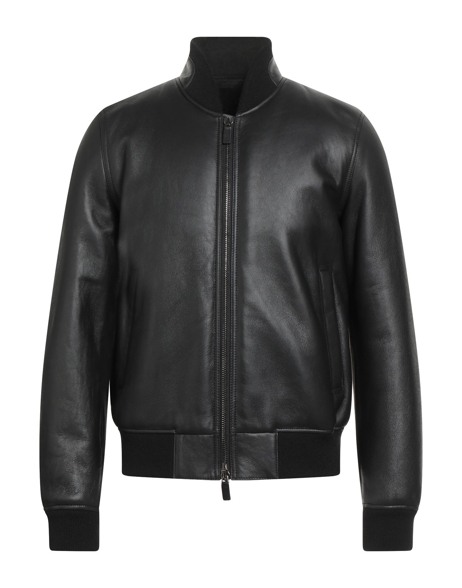 보머 자켓, 가죽, 니트 트리밍, 솔리드 컬러, 크루넥, 롱 슬리브, 시어링 소재의 내부, 지퍼 여밈, 슬릿 포켓, 동물성 비섬유 자재 함유, 드라이클리닝, 표백 금지, 건조기 사용불가. 이미지