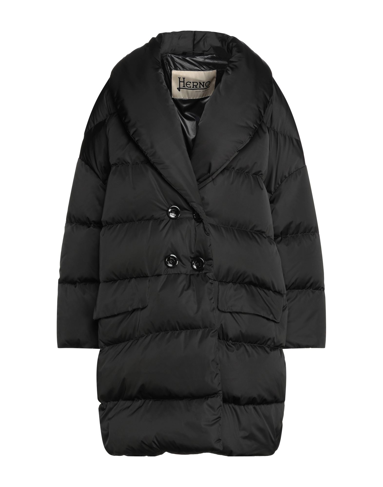 테크니컬 패브릭, 장식 부착 없음, 솔리드 컬러, 라펠, 더블브레스티드, 롱 슬리브, 구스 다운 내장, 버튼 여밈, 멀티 포켓, 동물성 비섬유 자재 함유. 이미지