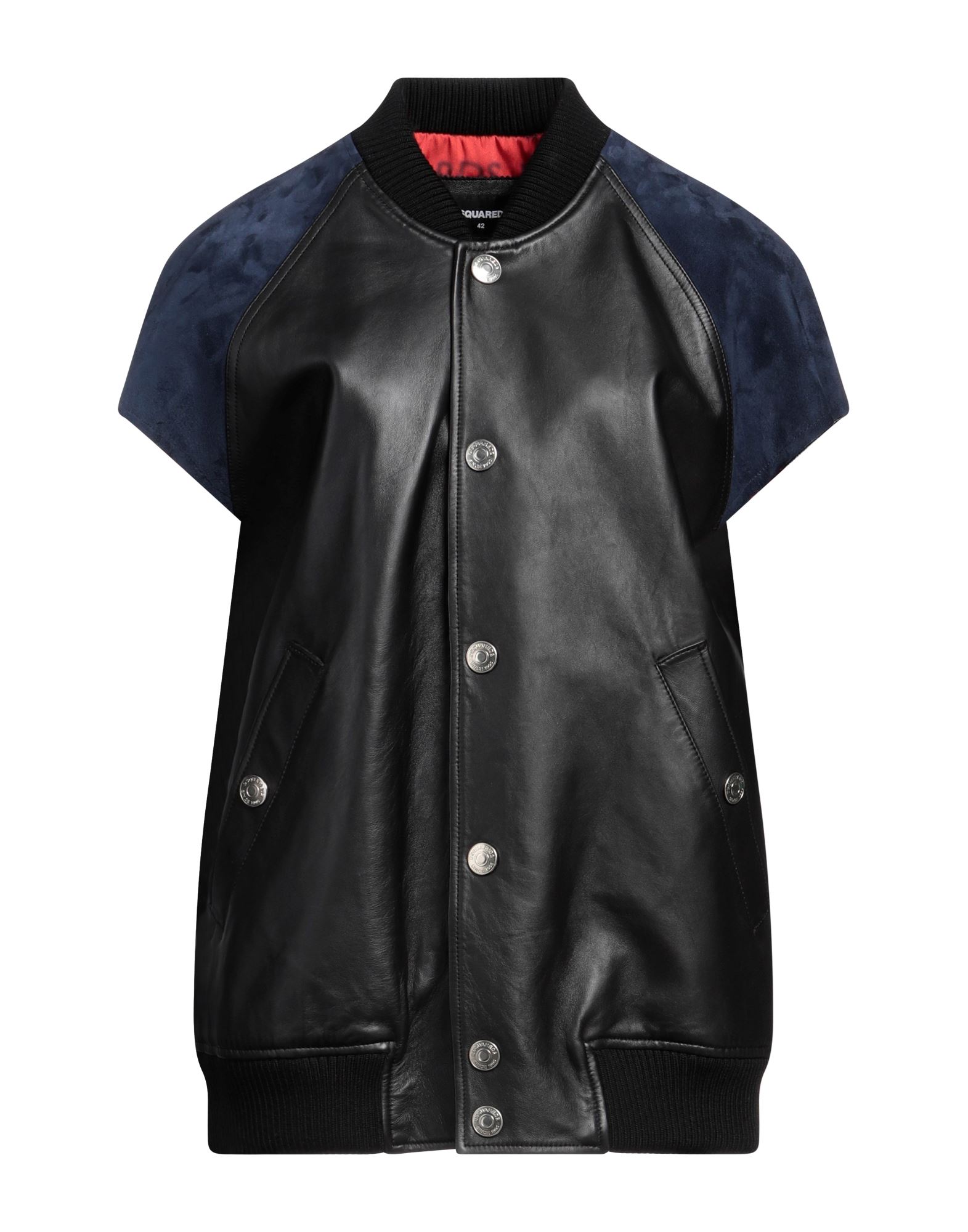 가죽, 주트 솔, 니트 트리밍, 투톤 패턴, 크루넥, 싱글브레스티드, 쇼트 슬리브, 안감있음, 스냅버튼 여밈, 멀티 포켓, 동물성 비섬유 자재 함유, 드라이클리닝, 표백 금지, 건조기 사용불가, 보머 자켓. 이미지