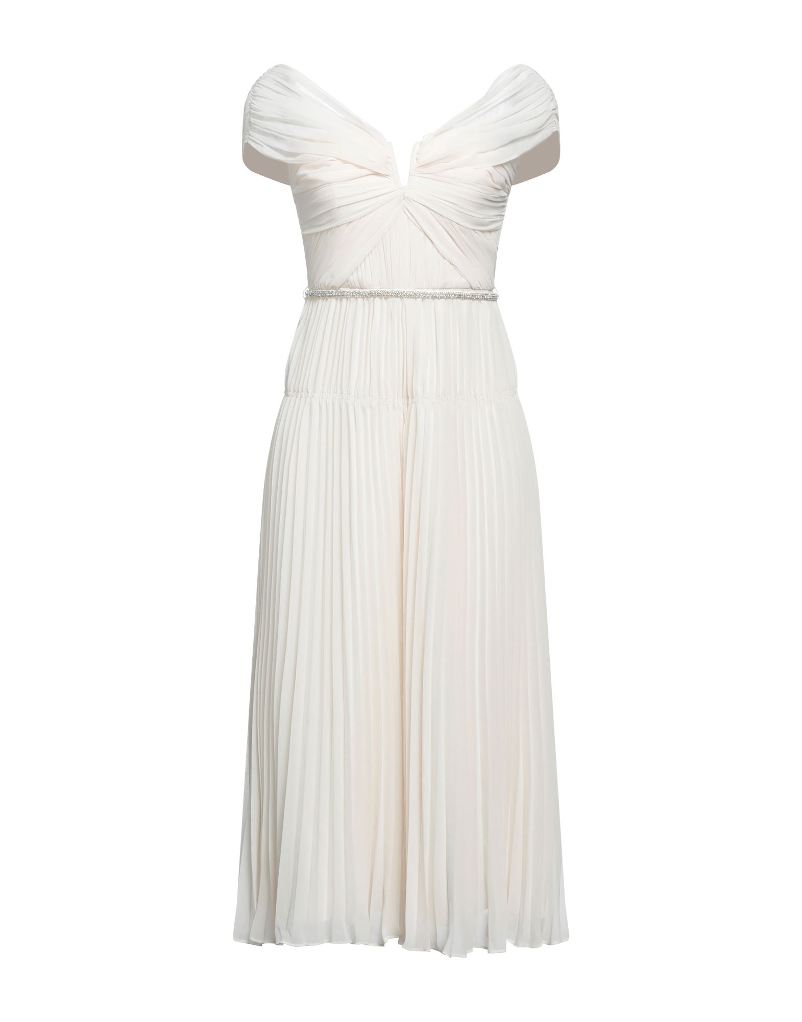 크레이프, 플리츠, 주름효과, 디테쳐블 디테일, 솔리드 컬러, v 네크라인, 슬리브리스, 슬립 내장, 지퍼 클로저, 포켓 없음, 트라페즈 스커트. 이미지