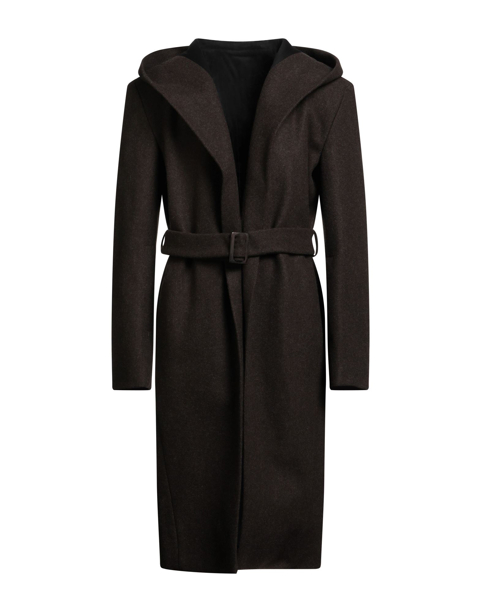 벨티드 코트, 펠트, 솔리드 컬러, 벨트, 후드, 싱글브레스티드, 롱 슬리브, 안감있음, 멀티 포켓, 드라이클리닝, 표백 금지, 건조기 사용불가. 이미지