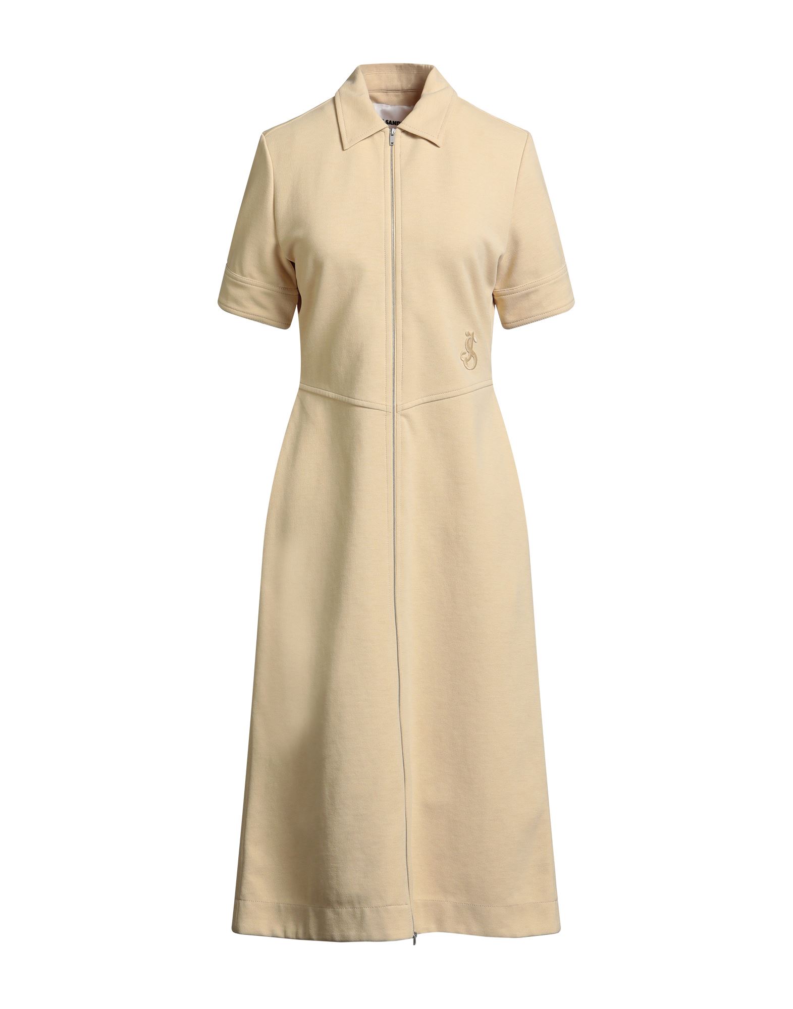 셔츠 드레스, 저지, 스트레치 패브릭, 솔리드 컬러, 자수 로고 장식, 클래식 칼라, 쇼트 슬리브, 안감없음, 지퍼 여밈, 포켓 없음, 동물성 비섬유 자재 함유, 드라이클리닝, 표백 금지, 건조기 사용불가, 이 브랜드는 사이즈가 크게 나옵니다, 편안함과 우아함이 결합된 격식을 갖춘 세련된 포멀 오피스 룩. 이미지