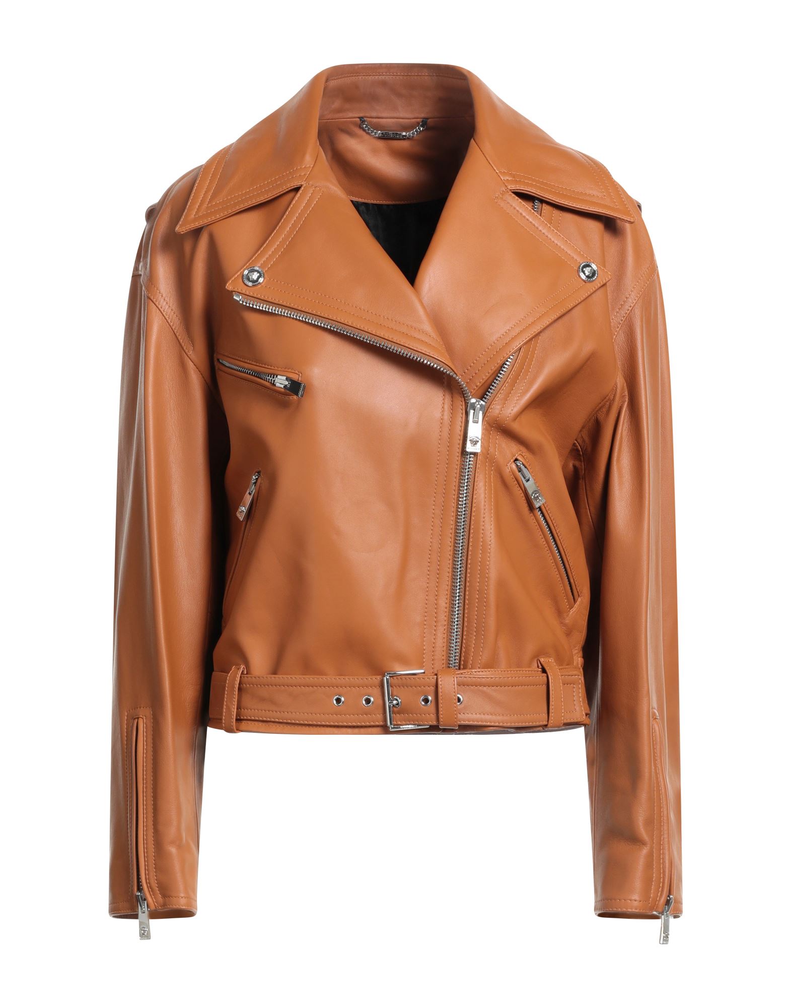 바이커 자켓, 가죽, 브랜드 로고, 솔리드 컬러, 라펠, 롱 슬리브, 지퍼 커프스, 안감있음, 지퍼 여밈, 지퍼 포켓, 동물성 비섬유 자재 함유, 드라이클리닝 금지, 표백 금지, 건조기 사용불가. 이미지