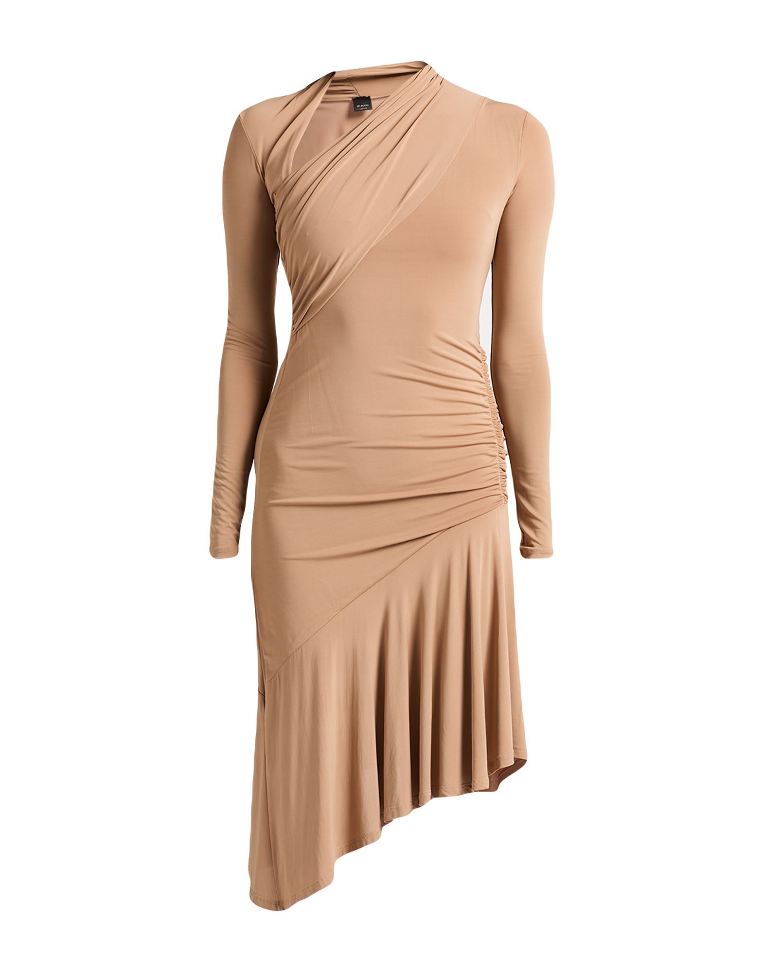 저지, 개더 디테일, 솔리드 컬러, 드레이프 네크라인, 롱 슬리브, 안감없음, 포켓 없음, 스트레치, 물세탁 불가, 건조기 사용불가, 표백 금지, 비대칭 디자인 드레스. 이미지