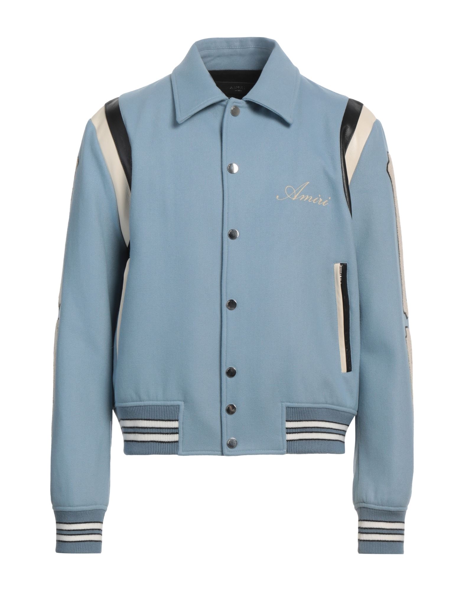 바시티 자켓, 플란넬, 멀티컬러 패턴, 가죽 인서트, 자수 로고 장식, 클래식 칼라, 싱글브레스티드, 롱 슬리브, 안감있음, 스냅버튼 여밈, 지퍼 포켓, 동물성 비섬유 자재 함유, 손세탁, 표백 금지, 건조기 사용불가, 다림질 금지. 이미지