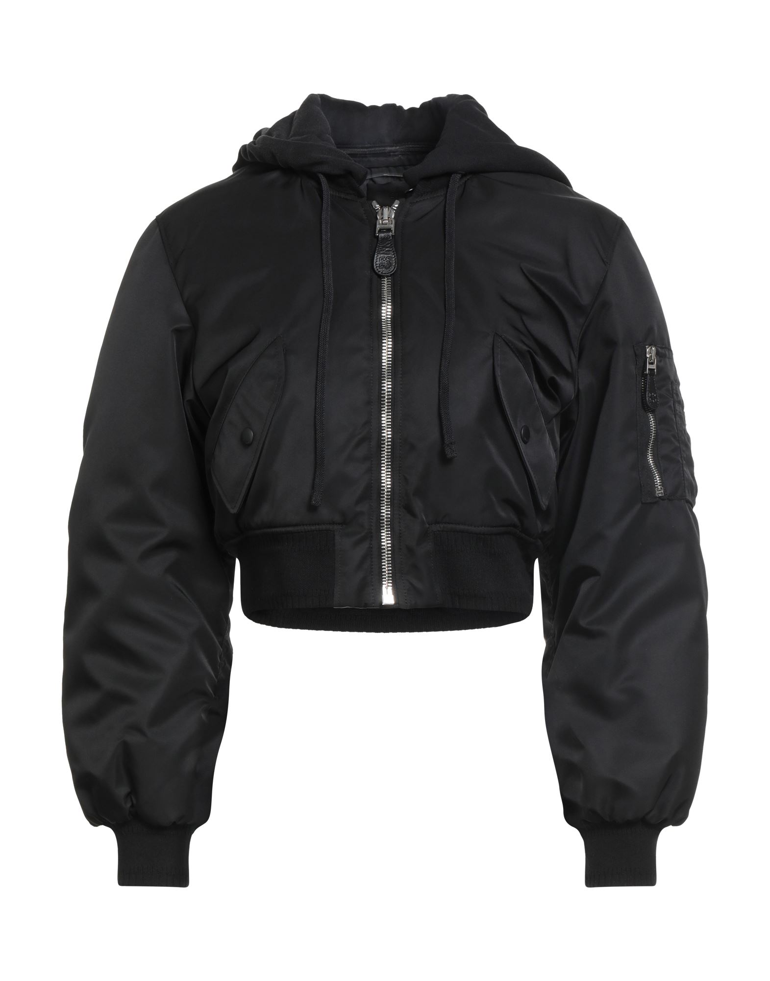 보머 자켓, 테크니컬 패브릭, 플리스, 니트 트리밍, 솔리드 컬러, 목 부분의 분리 가능한 후드, 롱 슬리브, 합성 충전재, 헤비 패딩, 지퍼 여밈, 플랩 포켓, 드라이클리닝, 표백 금지, 건조기 사용불가. 이미지