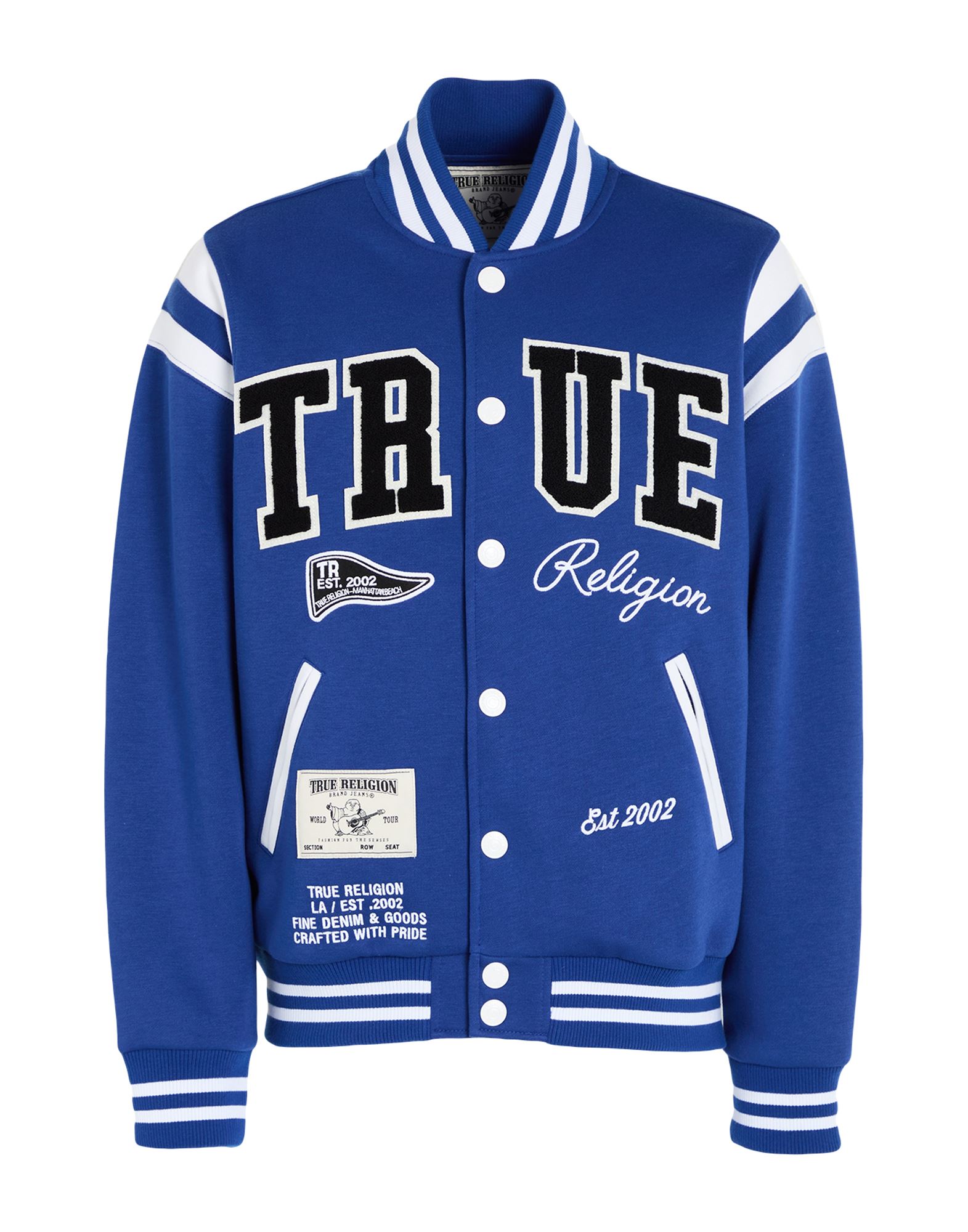 바시티 자켓, 저지, 브랜드 로고, 패치, 장식 디테일 솔리드 컬러, 크루넥, 롱 슬리브, 안감없음, 스냅버튼 여밈, 웰트 포켓, 세탁기로 세탁, 건조기 사용가능. 이미지