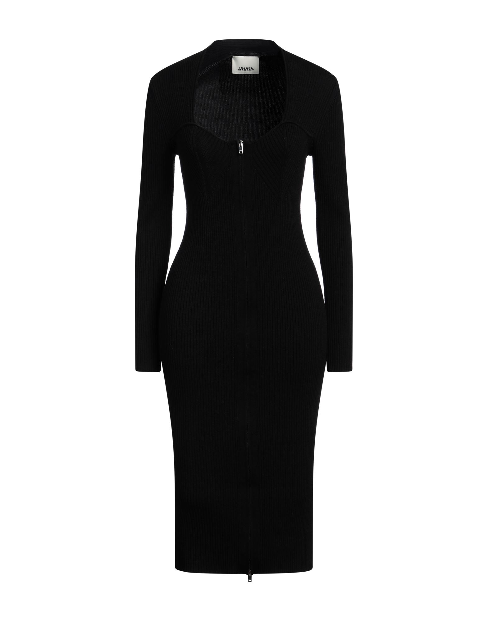 바디콘 드레스, 니트 소재, 리브(rib) 조직, 라이트웨이트 니트, 솔리드 컬러, 장식 부착 없음, 와이드 네크라인, 롱 슬리브, 지퍼 여밈, 포켓 없음, 스트레치, 손세탁 또는 드라이클리닝, 표백 금지, 건조기 사용불가, 편안함과 우아함이 결합된 격식을 갖춘 세련된 포멀 오피스 룩. 이미지