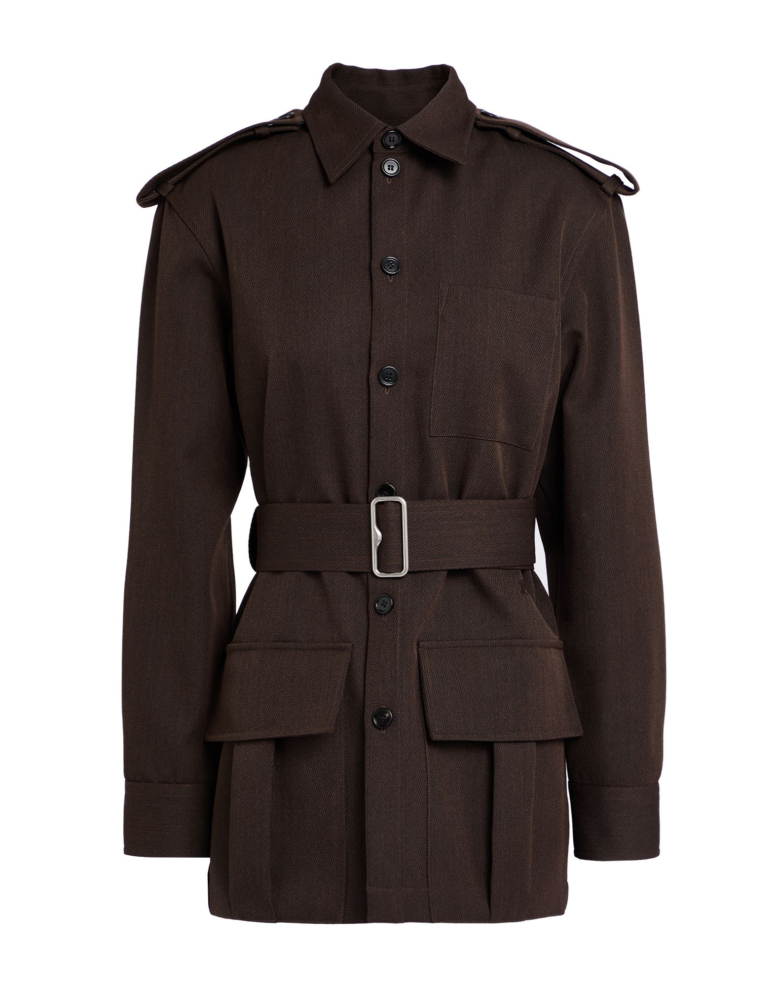 벨티드 자켓, 개버딘, 벨트, 탭, 솔리드 컬러, 클래식 칼라, 싱글브레스티드, 롱 슬리브, 버튼 커프스, 안감없음, 버튼 여밈, 포켓 1개, 벨로즈 포켓, 동물성 비섬유 자재 함유, 드라이클리닝, 표백 금지, 건조기 사용불가. 이미지