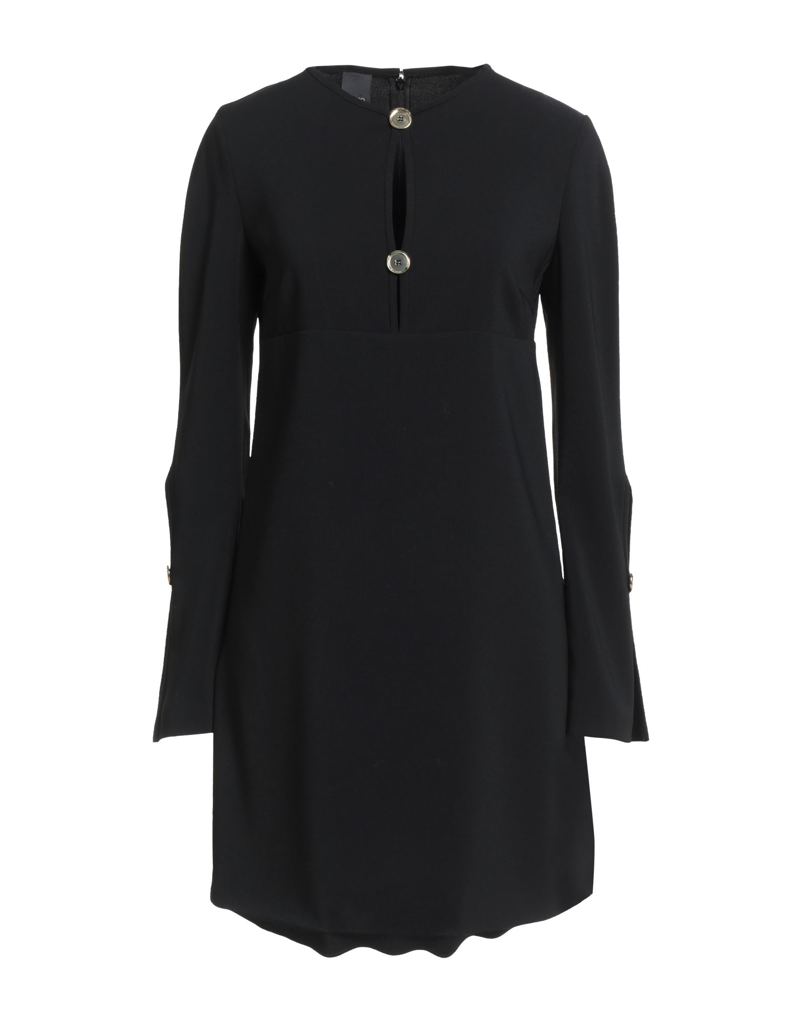 플레어 드레스, 크레이프 드 신, 장식 디테일 솔리드 컬러, 버튼 장식, 컷아웃 효과, 크루넥, 롱 슬리브, 슬릿 커프스, 지퍼 여밈, 후크 여밈, 스트레치, 세탁기 세탁 또는 드라이클리닝, 표백 금지, 건조기 사용불가, 스타일과 우아함 그리고 화려함이 어우러진 멋진 파티 룩을 연출해줄 피스. 이미지