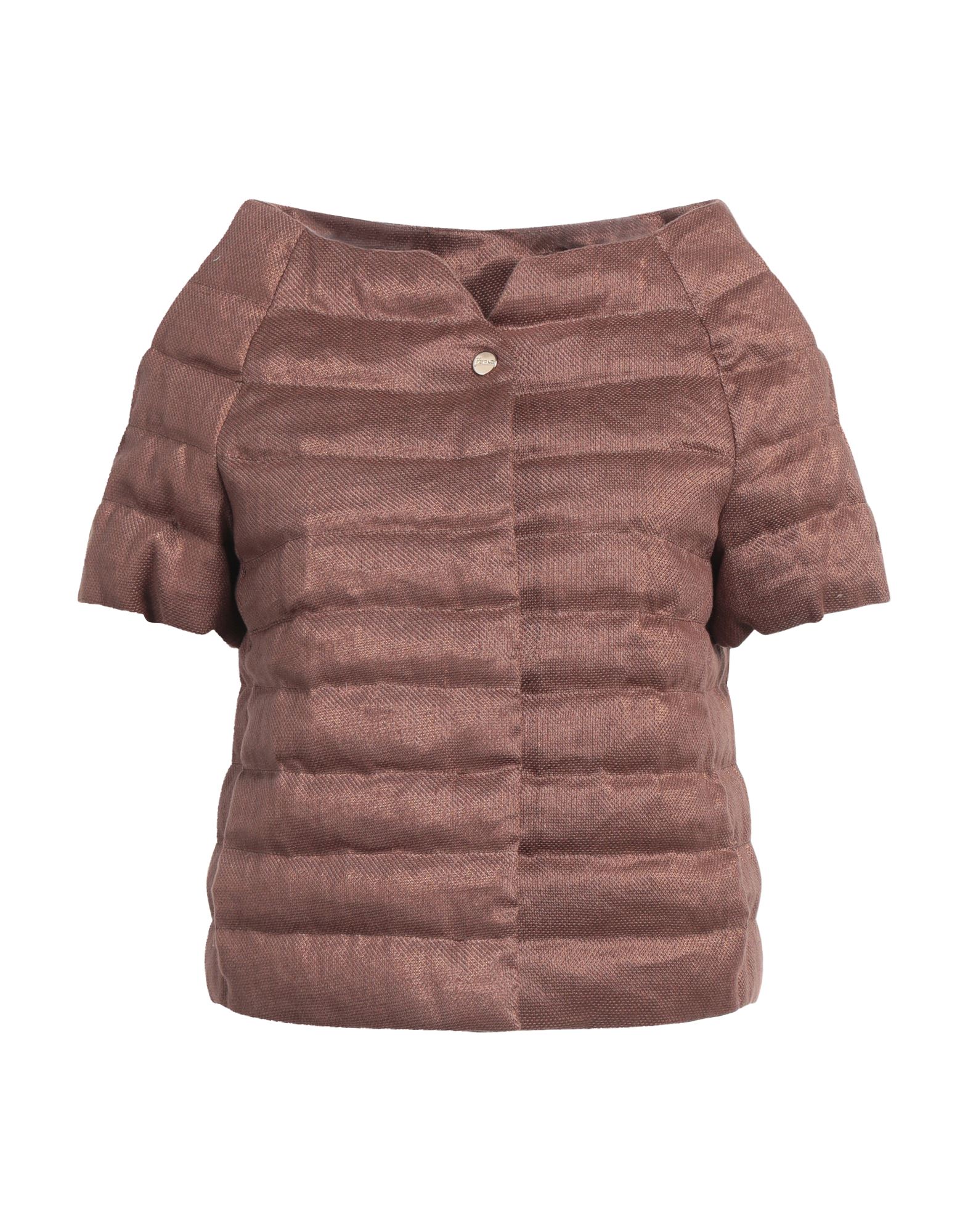 쇼트 다운 자켓, 우븐, 메탈릭 효과, 솔리드 컬러, 장식 부착 없음, 크루넥, 싱글브레스티드, 쇼트 슬리브, 구스 다운 내장, 스냅버튼 여밈, 멀티 포켓, 동물성 비섬유 자재 함유, 드라이클리닝, 표백 금지, 건조기 사용불가. 이미지