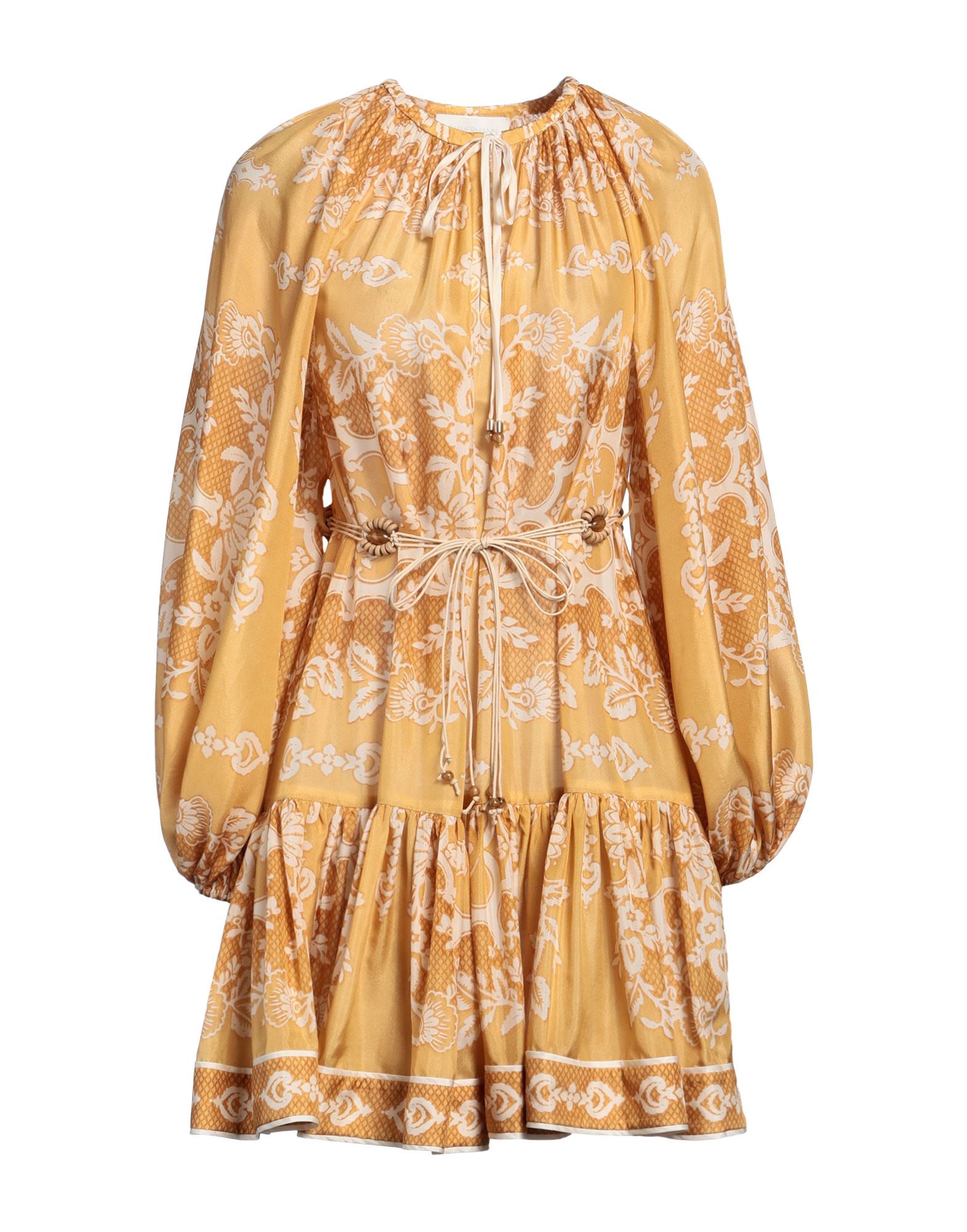 플레어 드레스, 새틴, 플로럴 모티브, 벨트, 레이스업 네크라인, 롱 슬리브, 안감없음, 포켓 없음, 드라이클리닝, 표백 금지, 건조기 사용불가, 결혼식 하객 스타일로도 적합한 특별한 날에 어울리는 우아한 세레모니 룩. 이미지