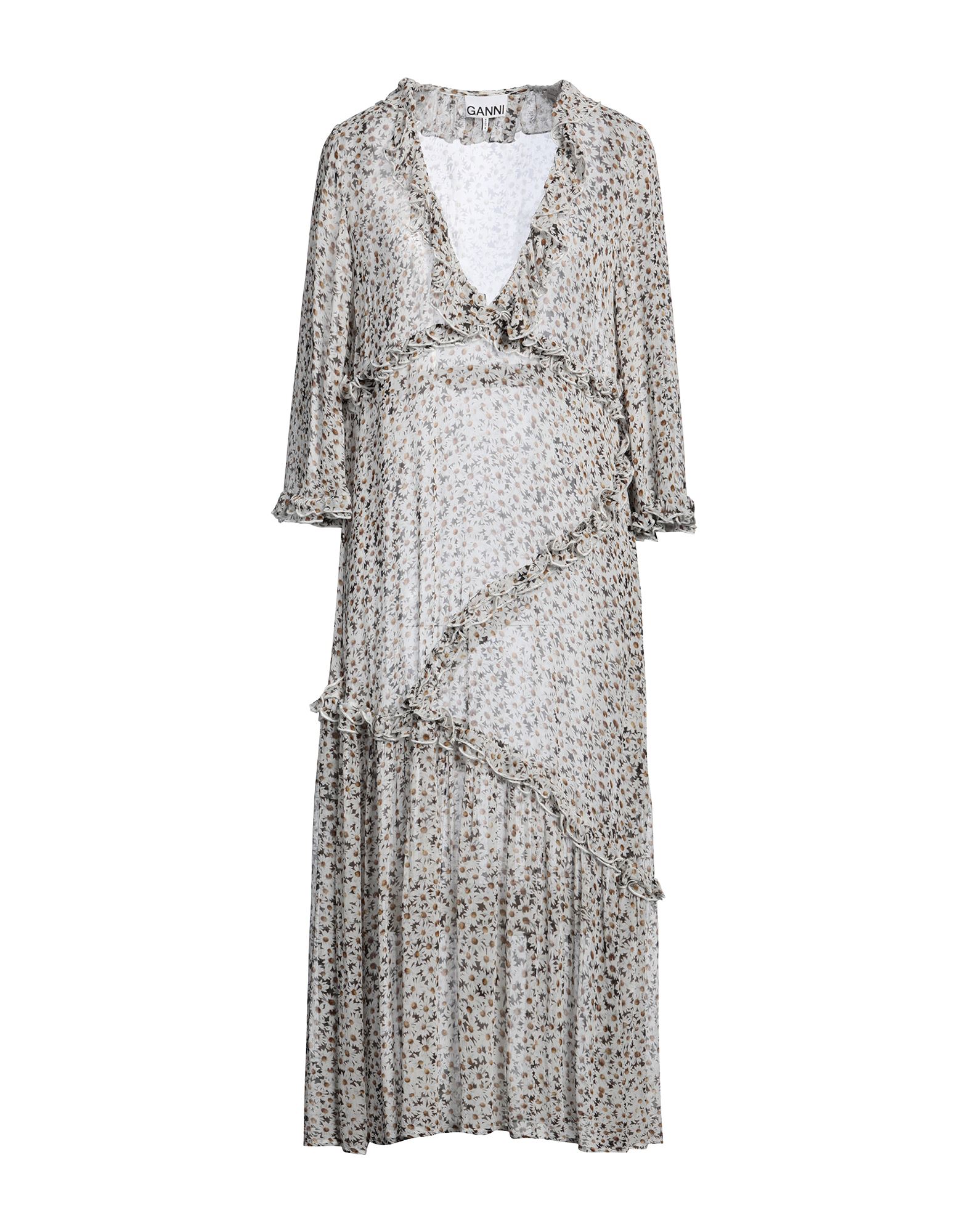 크레이프, 러플, 플로럴 모티브, 딥 네크라인, 롱 슬리브, 안감없음, 포켓 없음, 세탁기로 세탁, 표백 금지, 건조기 사용불가, 플리츠 드레스. 이미지