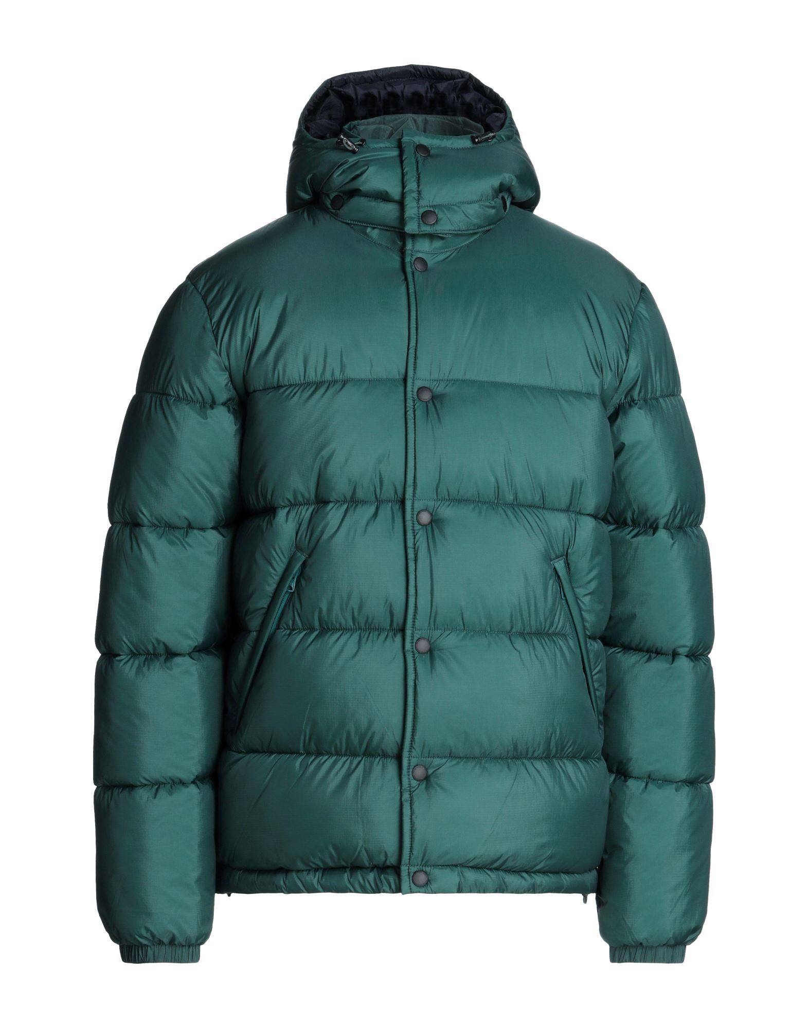 테크니컬 패브릭, 퀼팅, 브랜드 로고, 솔리드 컬러, 목 부분의 분리 가능한 후드, 싱글브레스티드, 롱 슬리브, 엘라스틱 커프스, 내부 패딩, 스냅버튼, 멀티 포켓, 지퍼 포켓, 드로스트링 헴라인, 싱글브레스티드 자켓, 라지 핏. 이미지