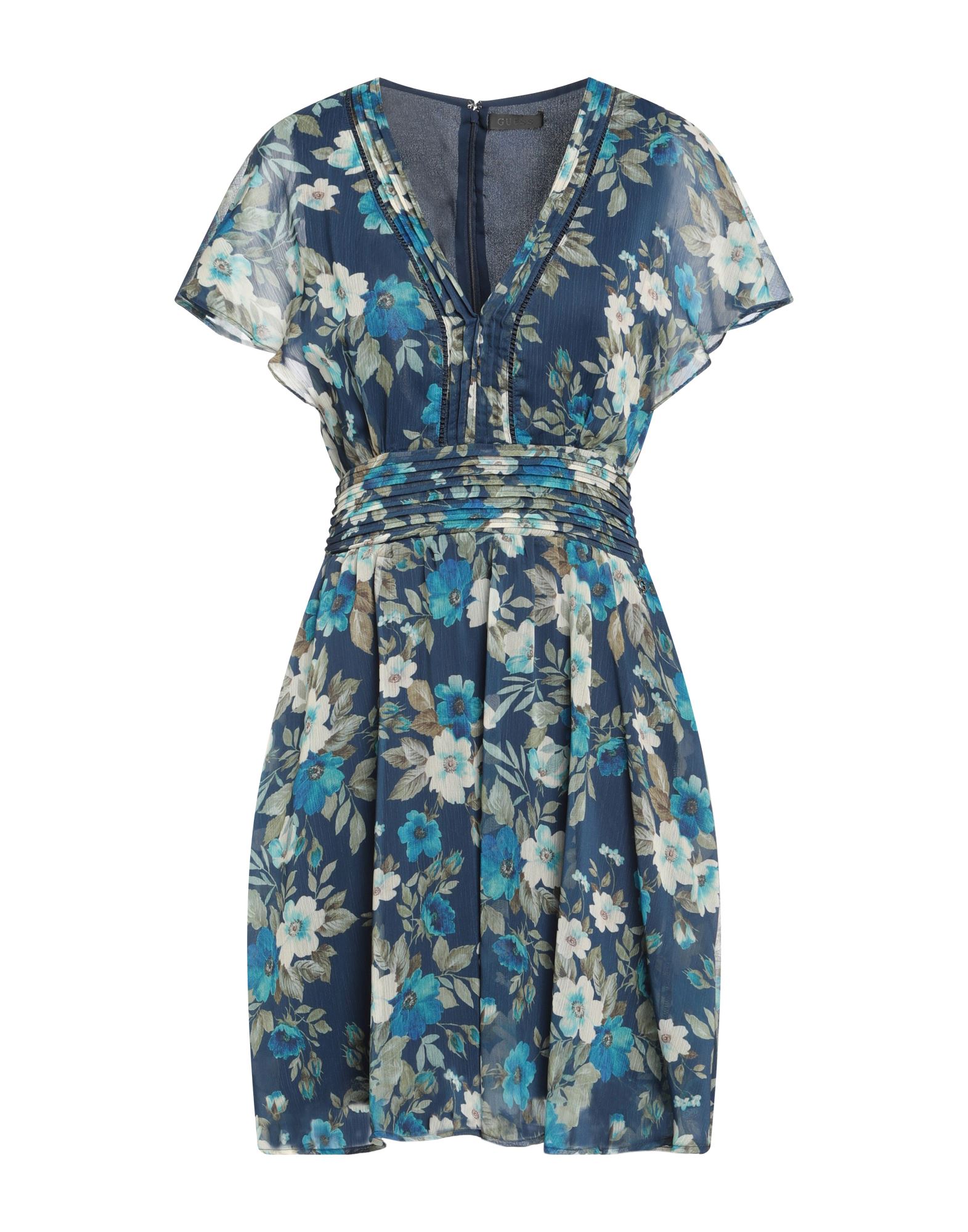 크레이프, 주름효과, 플로럴 모티브, v 네크라인, 쇼트 슬리브, 안감있음, 지퍼 클로저, 트라페즈 스커트. 이미지