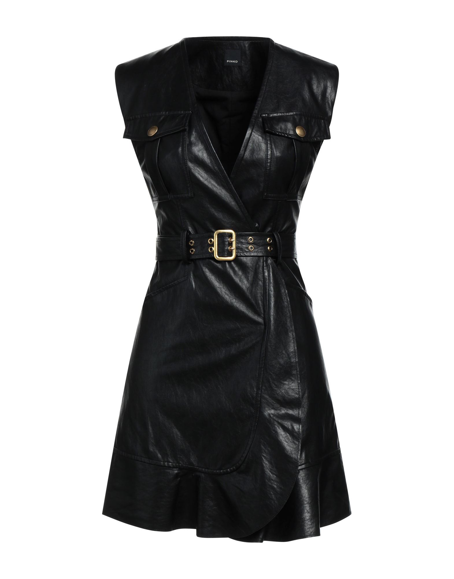 인조가죽, 벨트, 솔리드 컬러, v 네크라인, 슬리브리스, 어깨 패드 내장, 안감있음, 스냅버튼, 더블 포켓, 트라페즈 스커트. 이미지