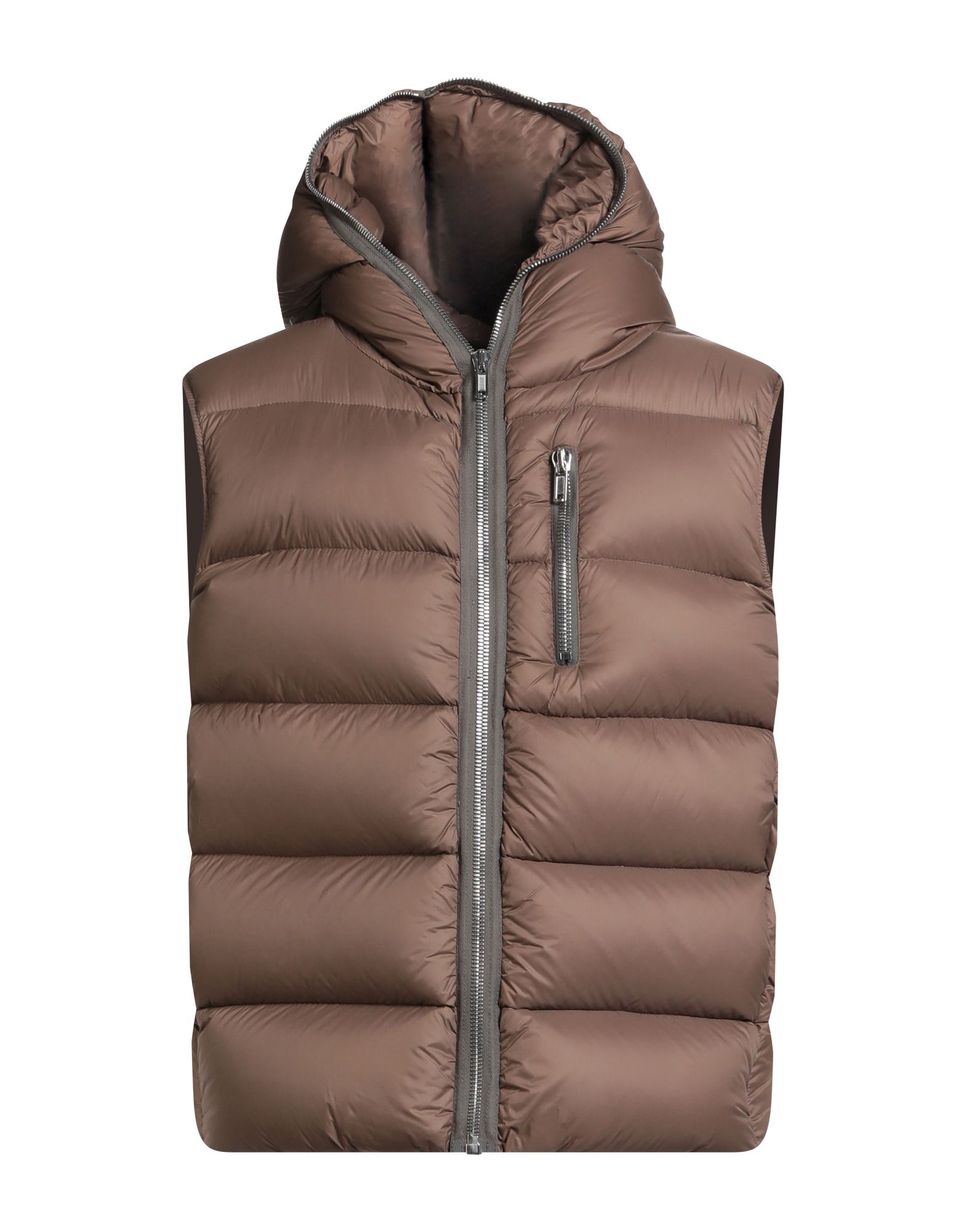 테크니컬 패브릭, 퀼팅, 솔리드 컬러, 장식 부착 없음, 후드, 슬리브리스, 구스 다운 내장, 지퍼 여밈, 슬릿 포켓, 동물성 비섬유 자재 함유, 드라이클리닝, 표백 금지, 건조기 사용불가. 이미지