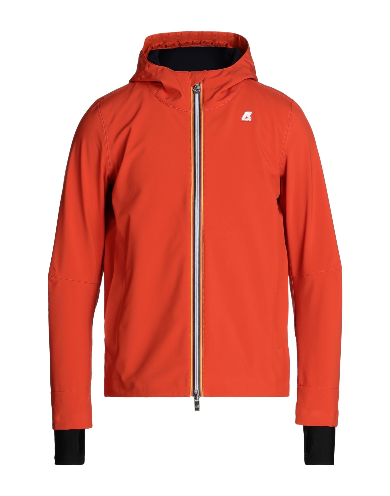 테크니컬 패브릭, 브랜드 로고, 솔리드 컬러, 후드, 싱글브레스티드, 롱 슬리브, 썸 홀 커프스, 파일 소재 내부, 지퍼 클로저, 멀티 포켓, 지퍼 포켓, 드로스트링 헴라인, 방수, 스트레치, 윈드브레이커 스타일. 이미지