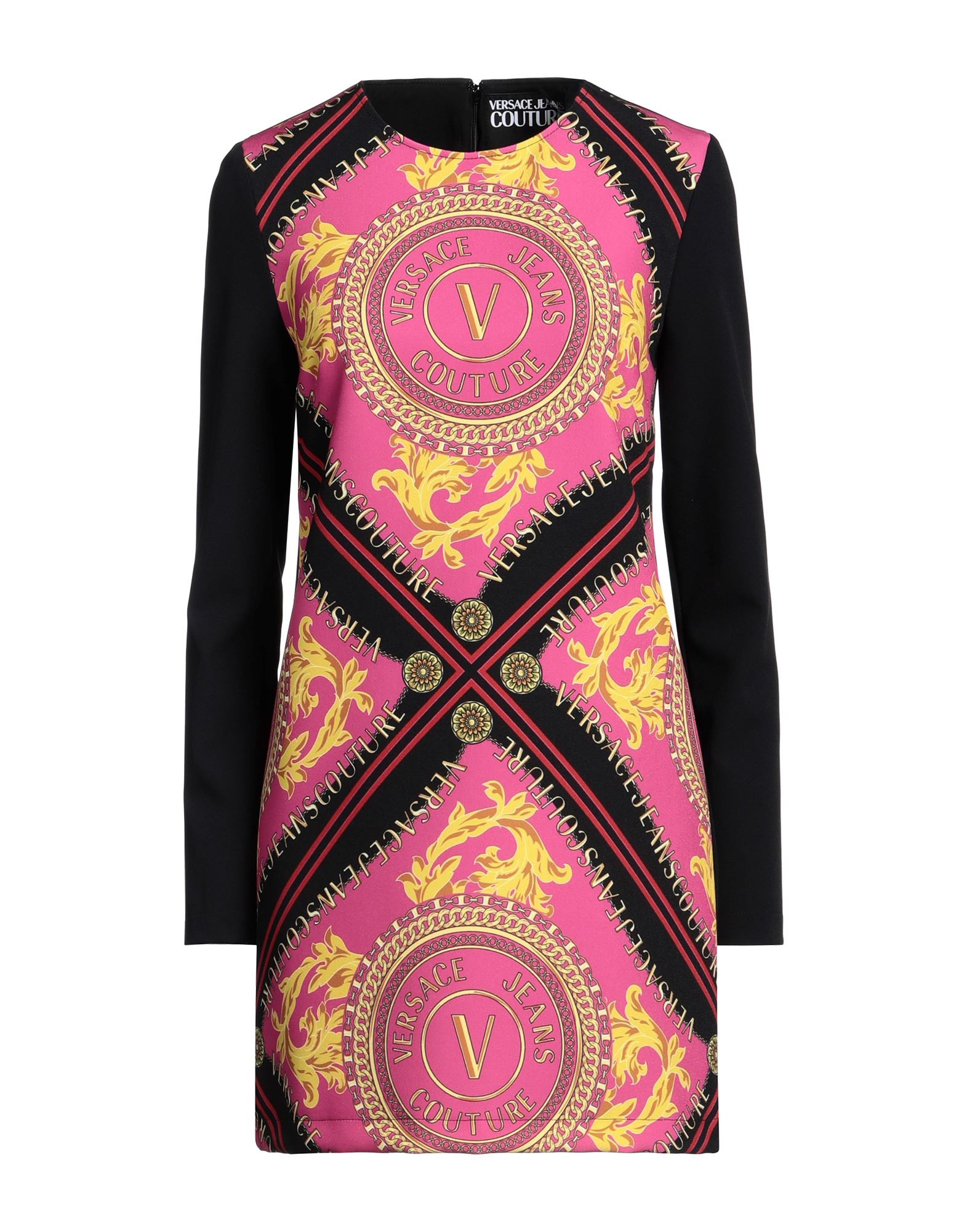 플레어 드레스, 크레이프, 스트레치 패브릭, 시그니처 프린트, 브랜드 로고, 크루넥, 롱 슬리브, 부분적으로 안감 처리한 내부, 지퍼 여밈, 후크 여밈, 드라이클리닝, 표백 금지, 건조기 사용불가. 이미지