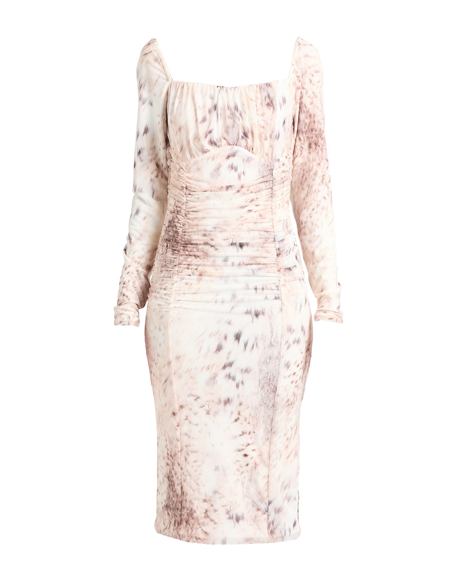 바디콘 드레스, 합성 저지, 멀티컬러 패턴, 브랜드 로고, 개더 디테일, 스퀘어 네크라인, 롱 슬리브, 안감있음, 지퍼 여밈, 후크 여밈, 스트레치, 손세탁 또는 드라이클리닝, 표백 금지, 건조기 사용불가. 이미지