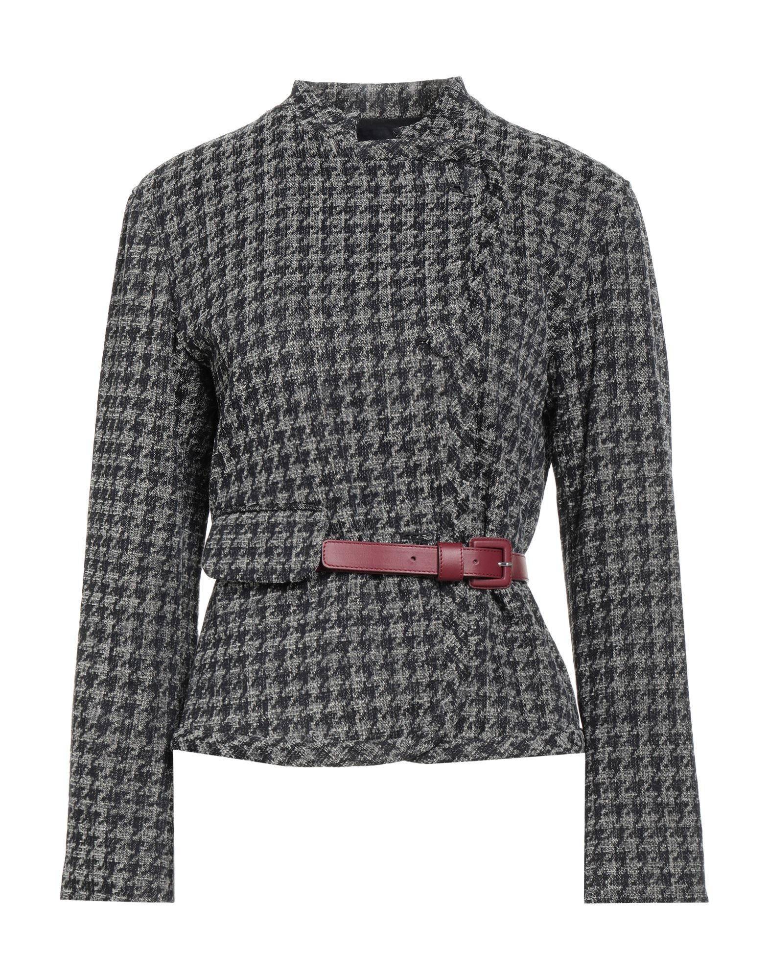 벨티드 자켓, 트위드, 벨트, 하운드투스, 스탠드 칼라, 싱글브레스티드, 롱 슬리브, 안감있음, 버튼 여밈, 포켓 없음, 드라이클리닝, 건조기 사용불가, 편안함과 우아함이 결합된 격식을 갖춘 세련된 포멀 오피스 룩. 이미지
