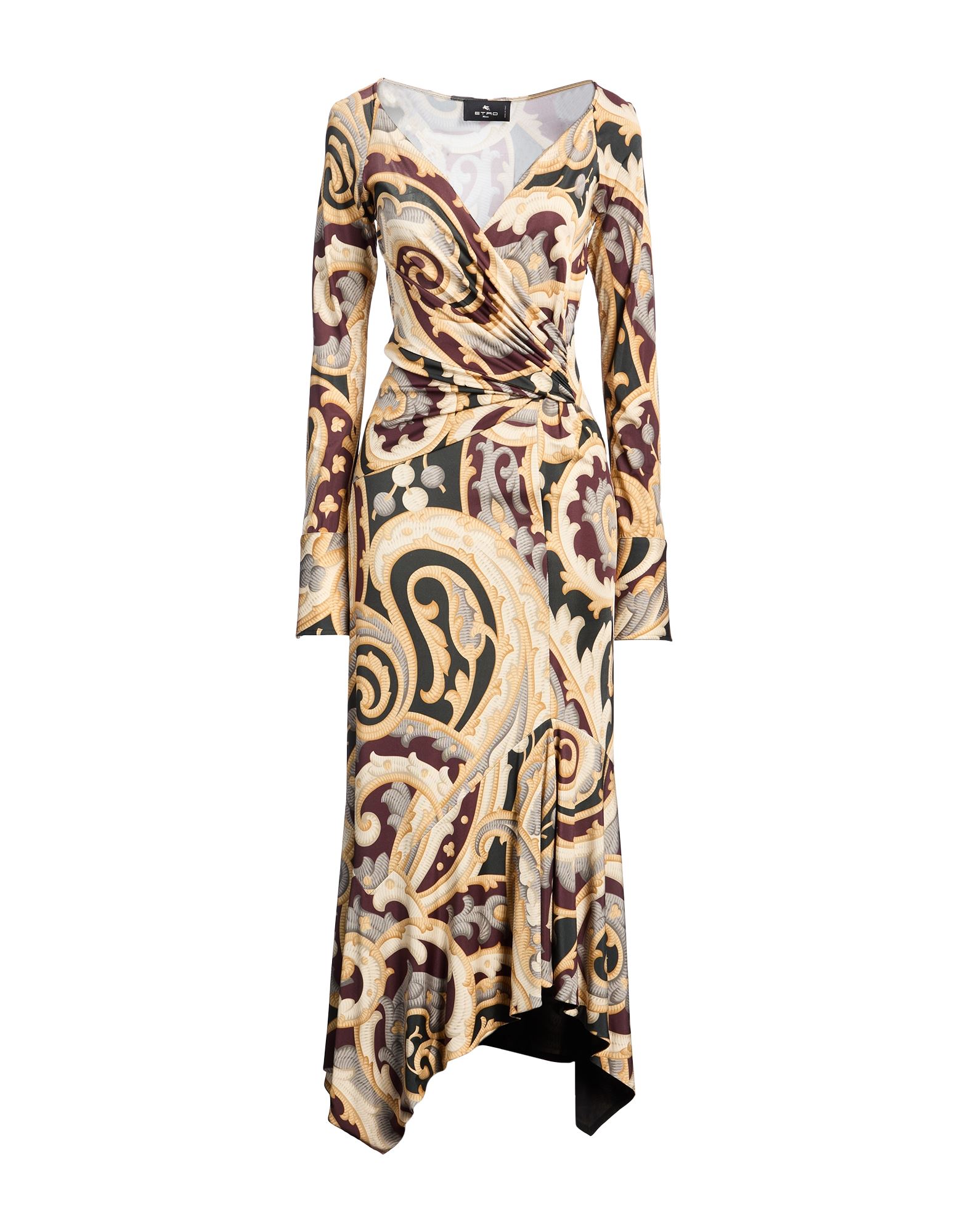 비대칭 디자인 드레스, 저지, 멀티컬러 패턴, 장식 부착 없음, 딥 네크라인, 롱 슬리브, 지퍼 여밈, 스트레치, 손세탁 또는 드라이클리닝, 표백 금지, 건조기 사용불가. 이미지