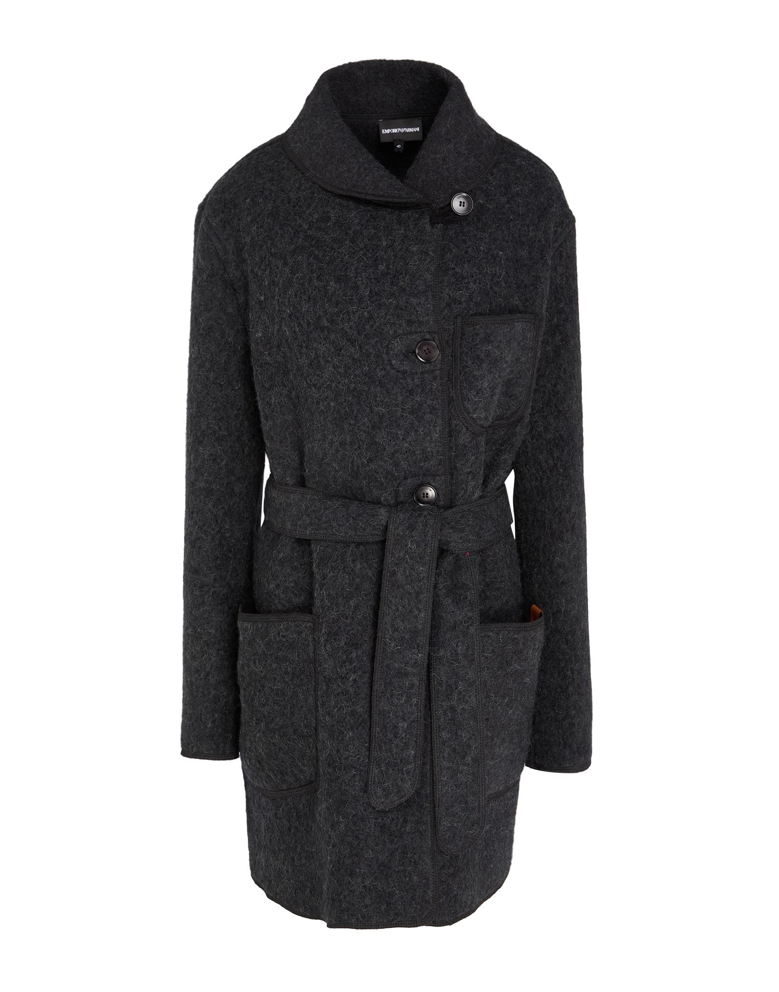 벨티드 코트, 보일드 울, 벨트, 솔리드 컬러, 라운드 칼라, 싱글브레스티드, 롱 슬리브, 안감없음, 버튼 여밈, 패치 포켓, 드라이클리닝, 표백 금지, 건조기 사용불가. 이미지