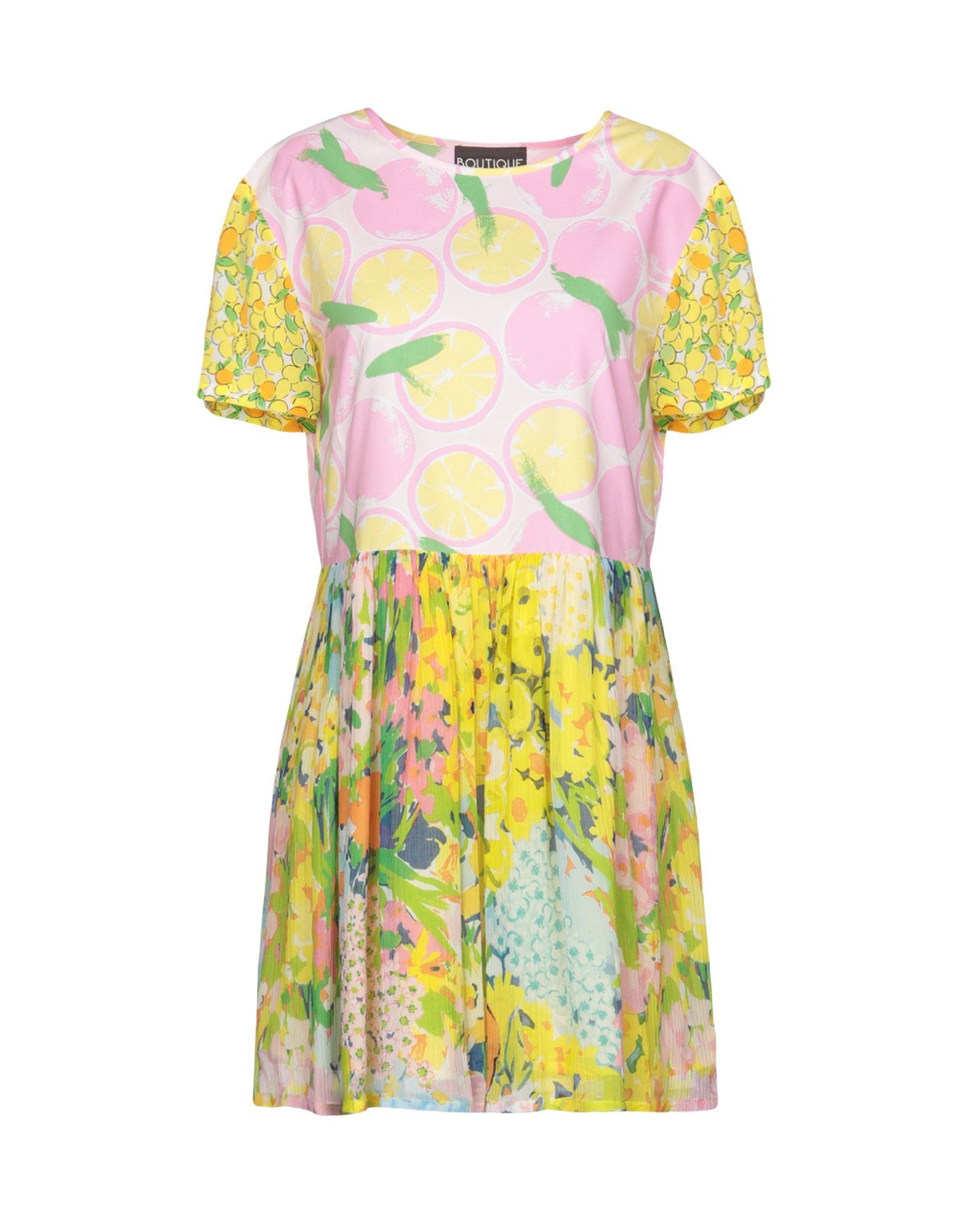 평직, 크레이프, 장식 부착 없음, 멀티컬러 패턴, 라운드 네크라인, 쇼트 슬리브, 포켓 없음, 클로져 없음, 안감있음, 트라페즈 스커트. 이미지