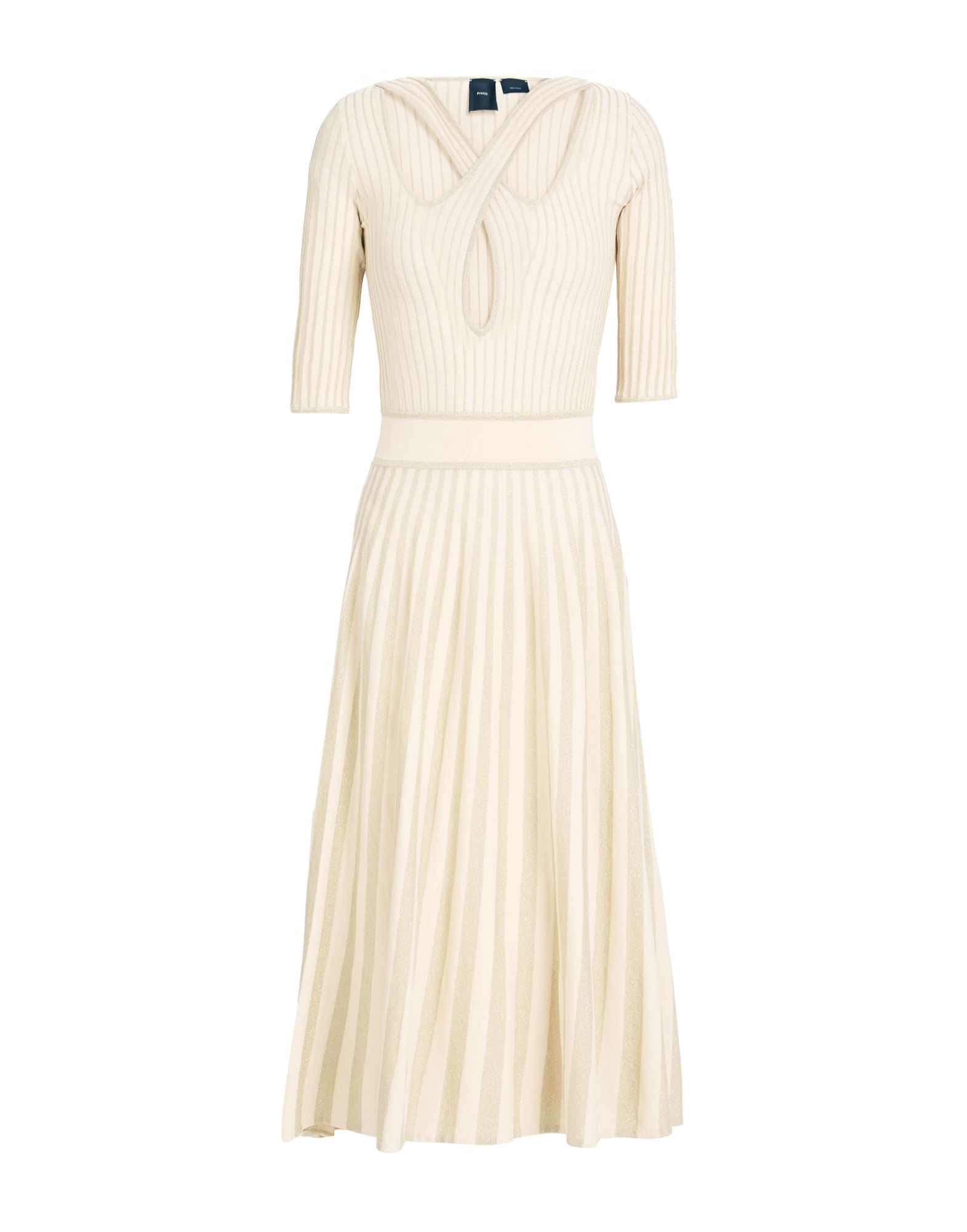 플레어 드레스, 니트 소재, 메탈릭 효과, 라이트웨이트 니트, 솔리드 컬러, 장식 부착 없음, v 네크라인, 쇼트 슬리브, 안감없음, 포켓 없음, 손세탁, 표백 금지, 건조기 사용불가. 이미지