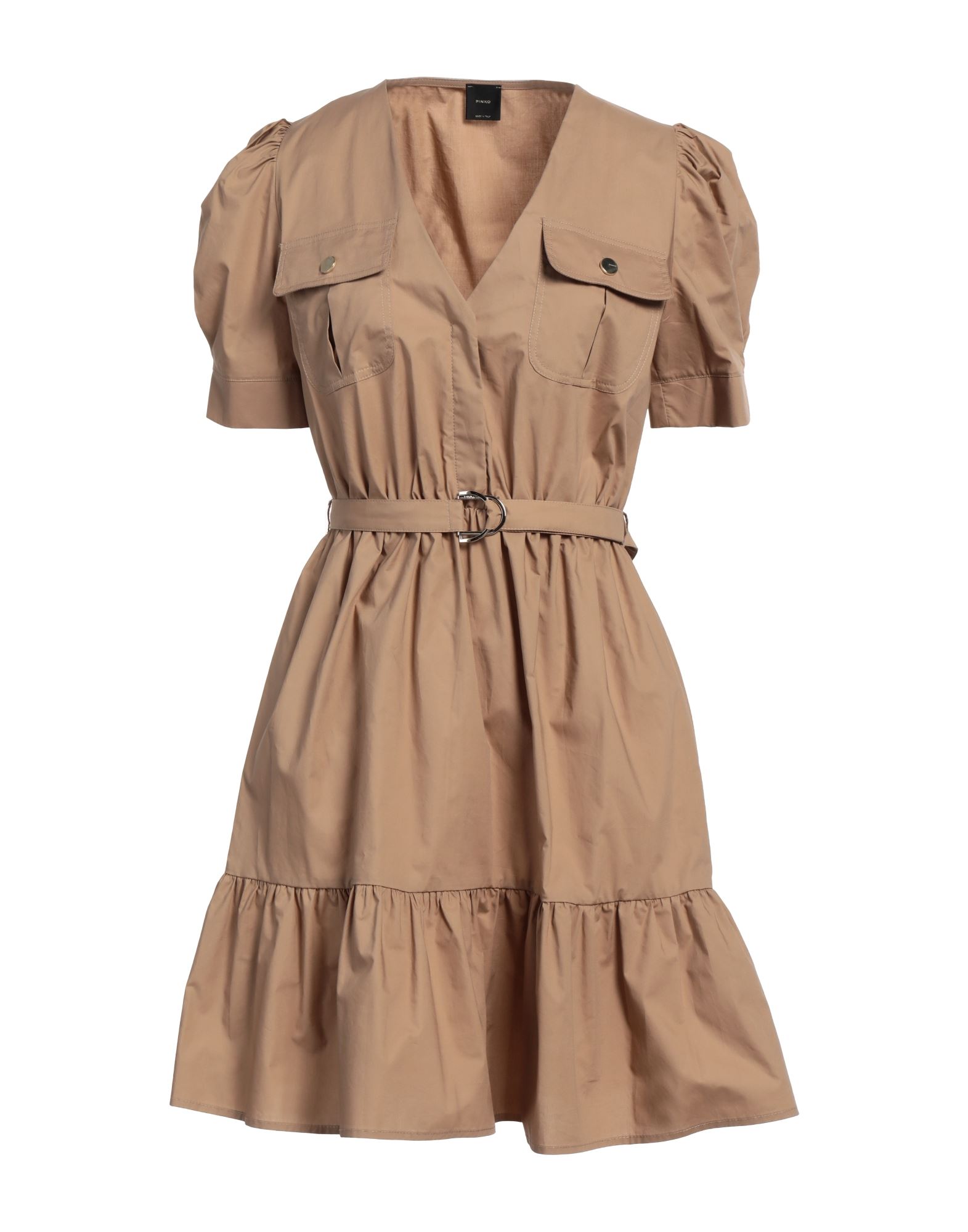 포플린, 벨트, 솔리드 컬러, 폴로 칼라, 쇼트 슬리브, 안감없음, 스냅버튼 여밈, 더블 포켓, 스냅버튼 포켓, 셔츠 드레스. 이미지