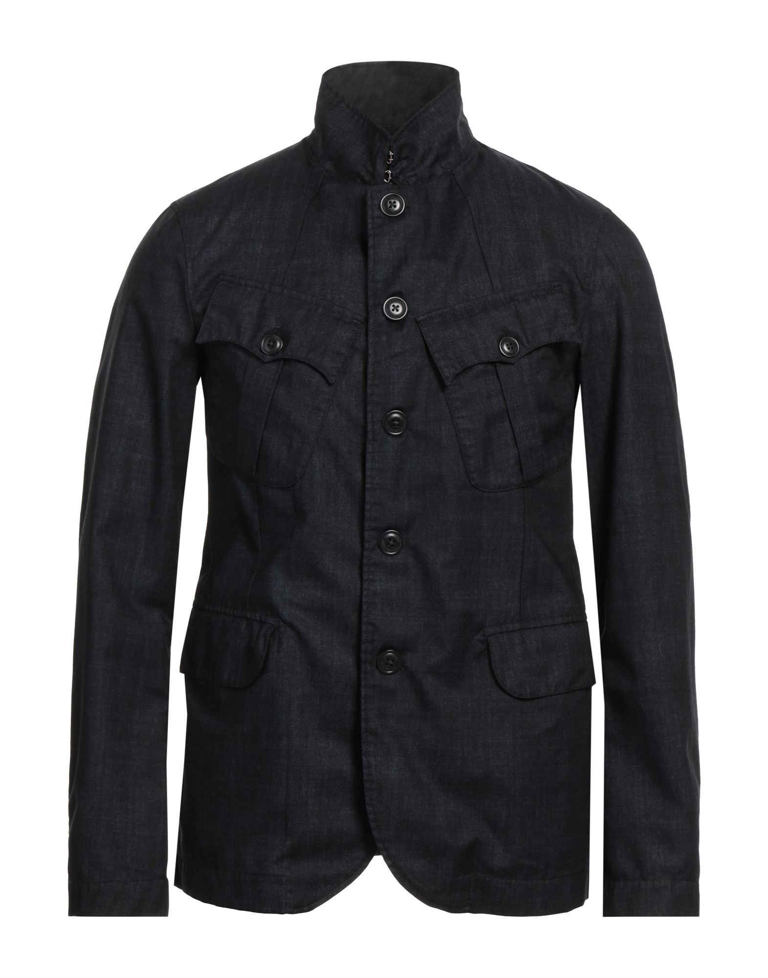 평직, 데님 효과, 장식 부착 없음, 솔리드 컬러, 스탠드 칼라, 싱글브레스티드, 롱 슬리브, 안감없음, 버튼 여밈, 멀티 포켓, 사파리. 이미지