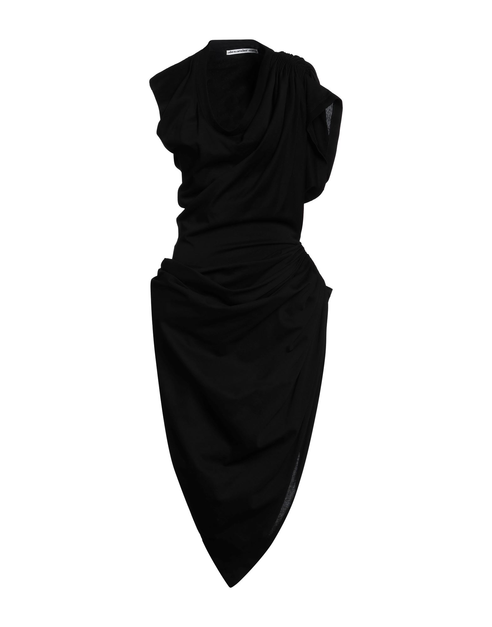 비대칭 디자인 드레스, 저지, 개더 디테일, 솔리드 컬러, 드레이프 네크라인, 슬리브리스, 안감없음, 포켓 없음, 드라이클리닝, 표백 금지, 건조기 사용불가. 이미지