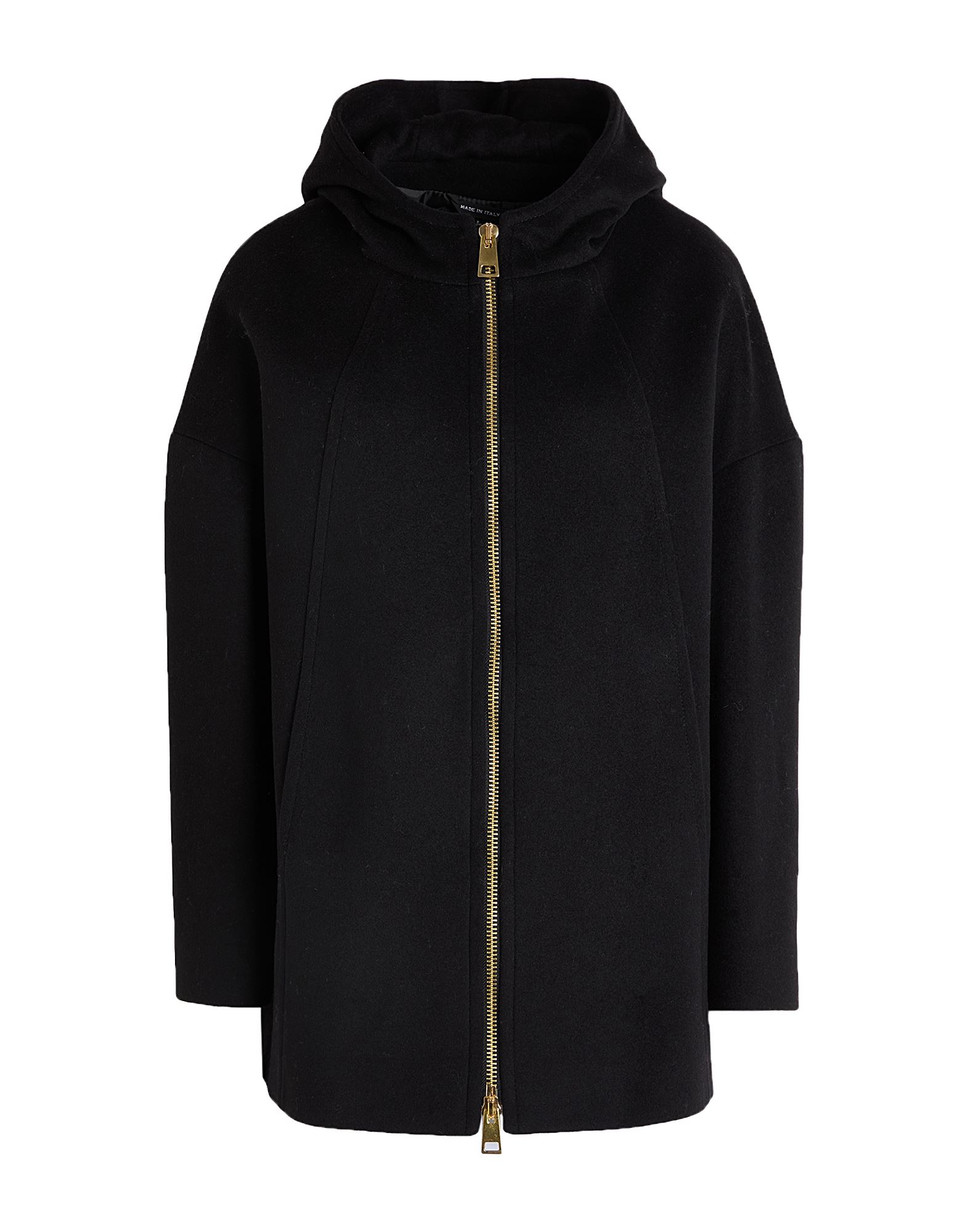 싱글 브레스티드 코트, 울, 장식 부착 없음, 솔리드 컬러, 후드, 롱 슬리브, 안감있음, 지퍼 여밈, 슬릿 포켓, 드라이클리닝, 표백 금지, 건조기 사용불가. 이미지