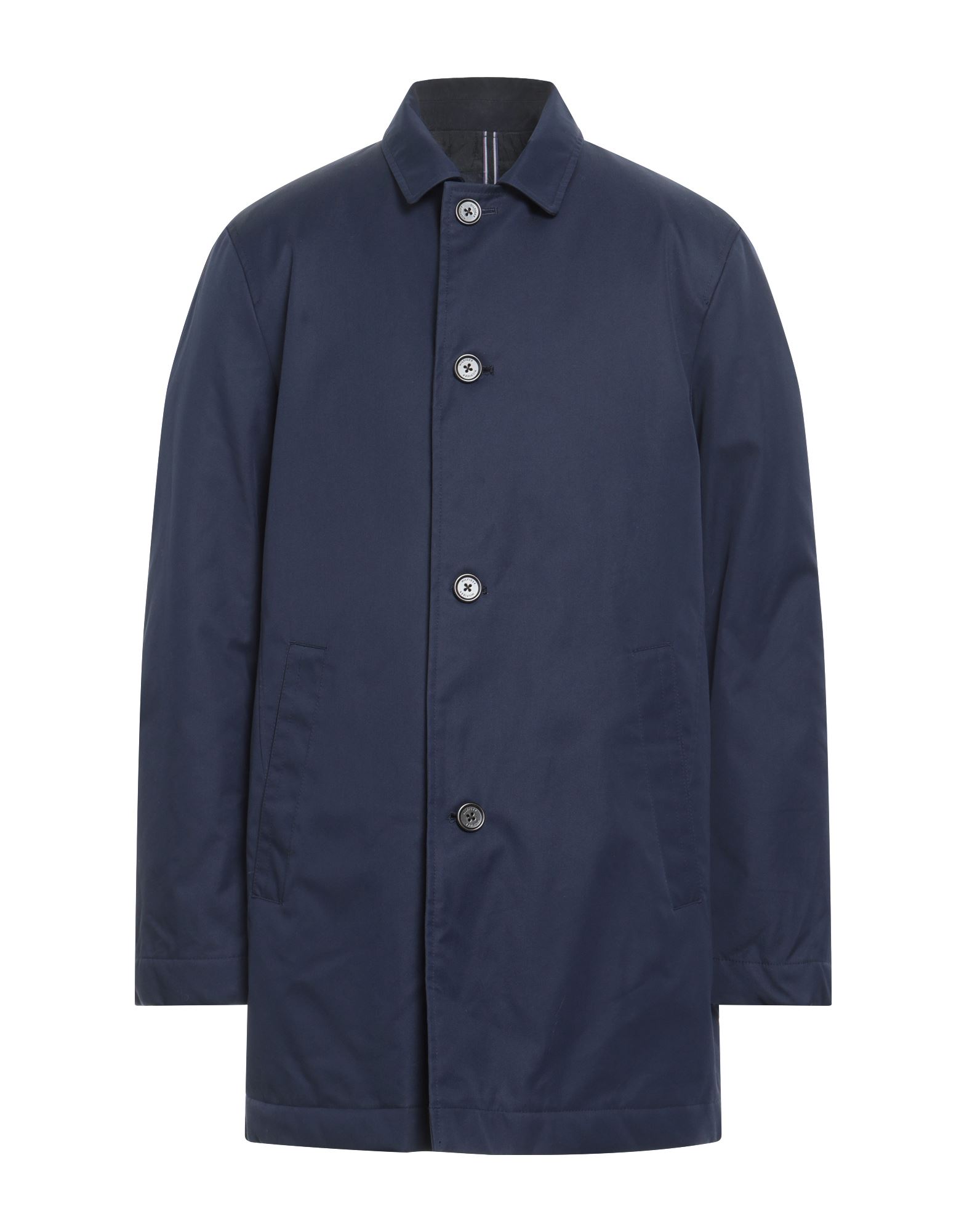 싱글 브레스티드 코트, 트윌, 브랜드 로고, 솔리드 컬러, 클래식 칼라, 롱 슬리브, 합성 충전재, 라이트 패딩, 버튼 여밈, 슬릿 포켓, 백 슬릿, 드라이클리닝, 표백 금지, 건조기 사용불가, 다림질 금지. 이미지