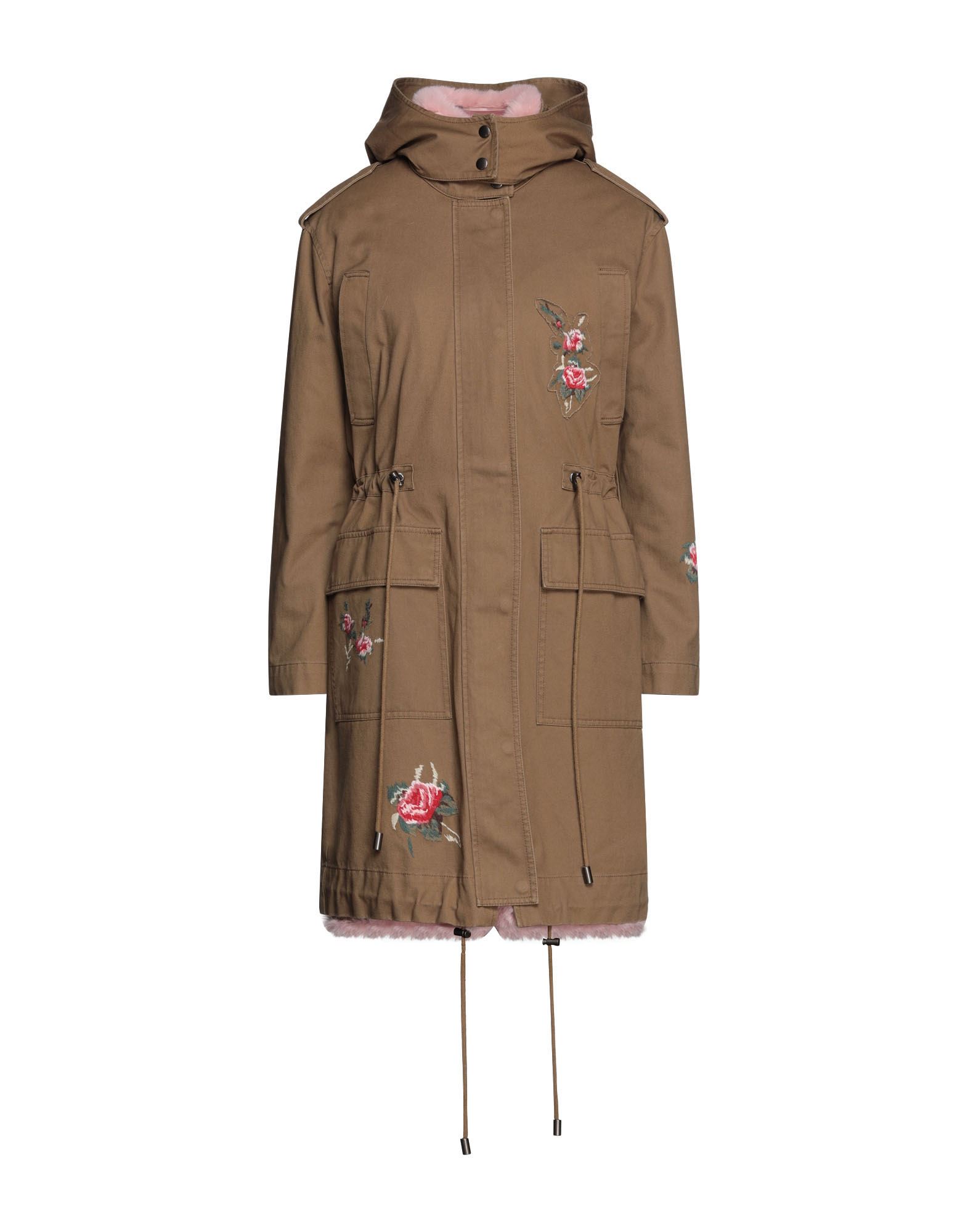 개버딘, 견장, 자수, 장식 디테일 솔리드 컬러, 목 부분의 분리 가능한 후드, 싱글브레스티드, 롱 슬리브, 디테쳐블 안감, 스냅버튼, κλείσιμο με φερμουάρ, 드로스트링 웨이스트, 멀티 포켓, 드로스트링 헴라인. 이미지