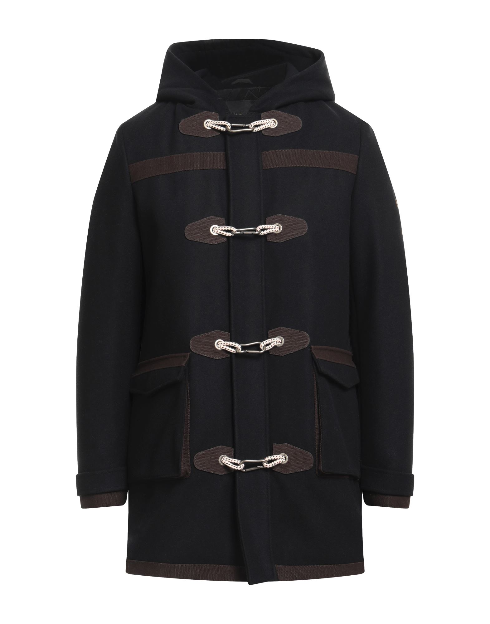 펠트, 장식 부착 없음, 투톤 패턴, 후드, 싱글브레스티드, 롱 슬리브, 버튼 커프스, 토글 여밈, 멀티 포켓, 백 슬릿, 더플 코트. 이미지