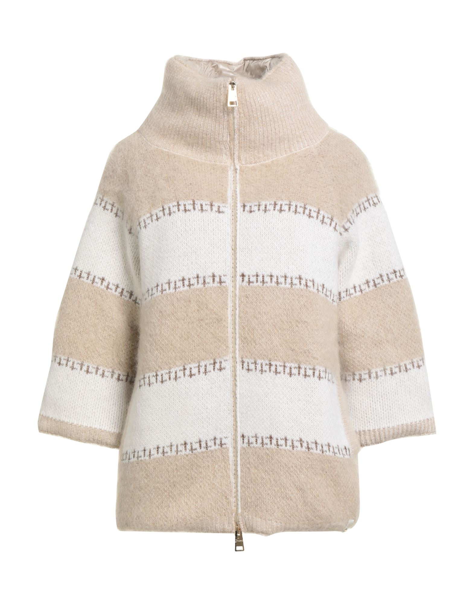 캐주얼 자켓, 니트 소재, 라메, 미디엄웨이트 니트, 스트라이프, 브랜드 로고, 터틀넥, 싱글브레스티드, 3/4길이 슬리브, 구스 다운 내장, 지퍼 여밈, 웰트 포켓, 동물성 비섬유 자재 함유, 손세탁 또는 드라이클리닝, 표백 금지, 건조기 사용불가. 이미지