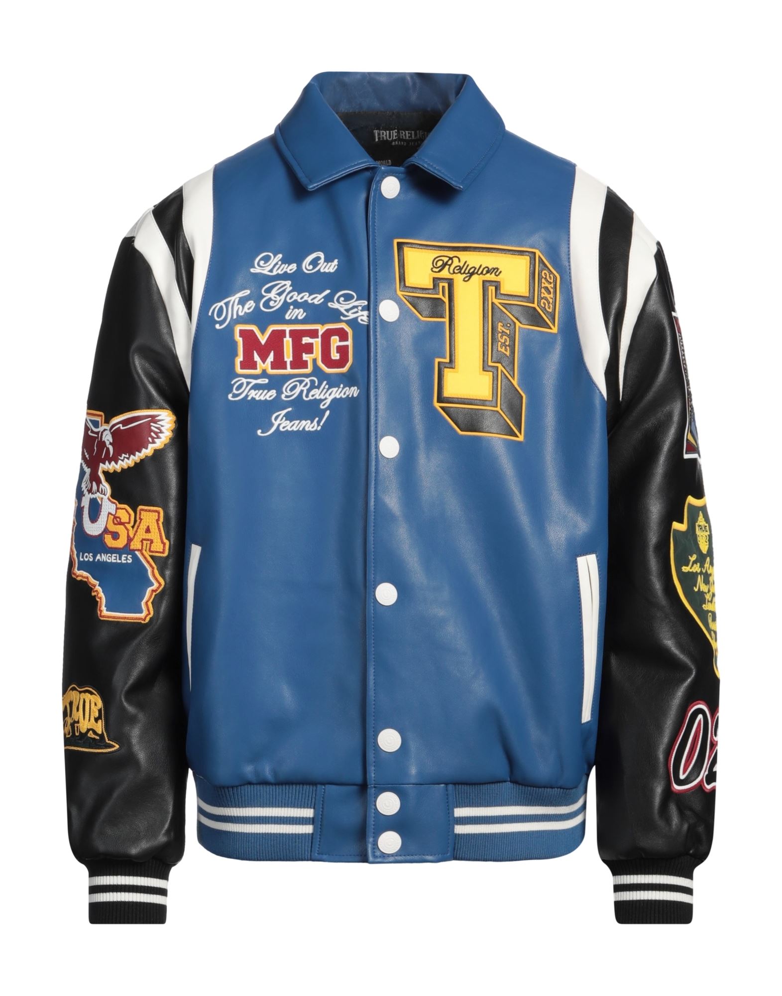 바시티 자켓, 인조가죽, 멀티컬러 패턴, 자수 장식, 브랜드 로고, 클래식 칼라, 싱글브레스티드, 롱 슬리브, 합성 충전재, 스냅버튼 여밈, 멀티 포켓, 손세탁, 표백 금지, 건조기 사용불가, 다림질 금지. 이미지