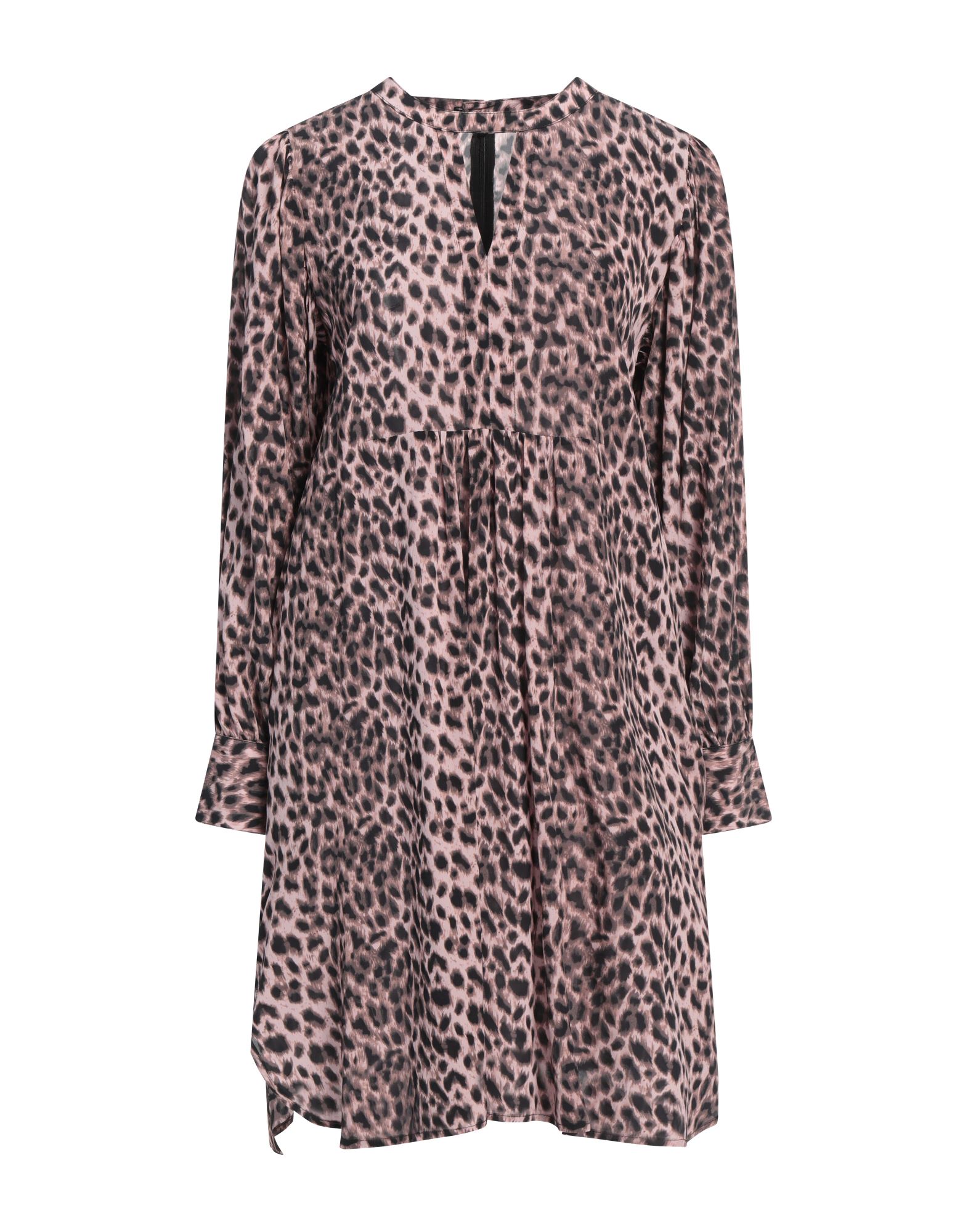 원피스 & 드레스, 우븐, 레오파드 패턴, 개더 디테일, 스탠드 칼라, 롱 슬리브, 포켓 없음, 물세탁 불가, 건조기 사용불가. 이미지