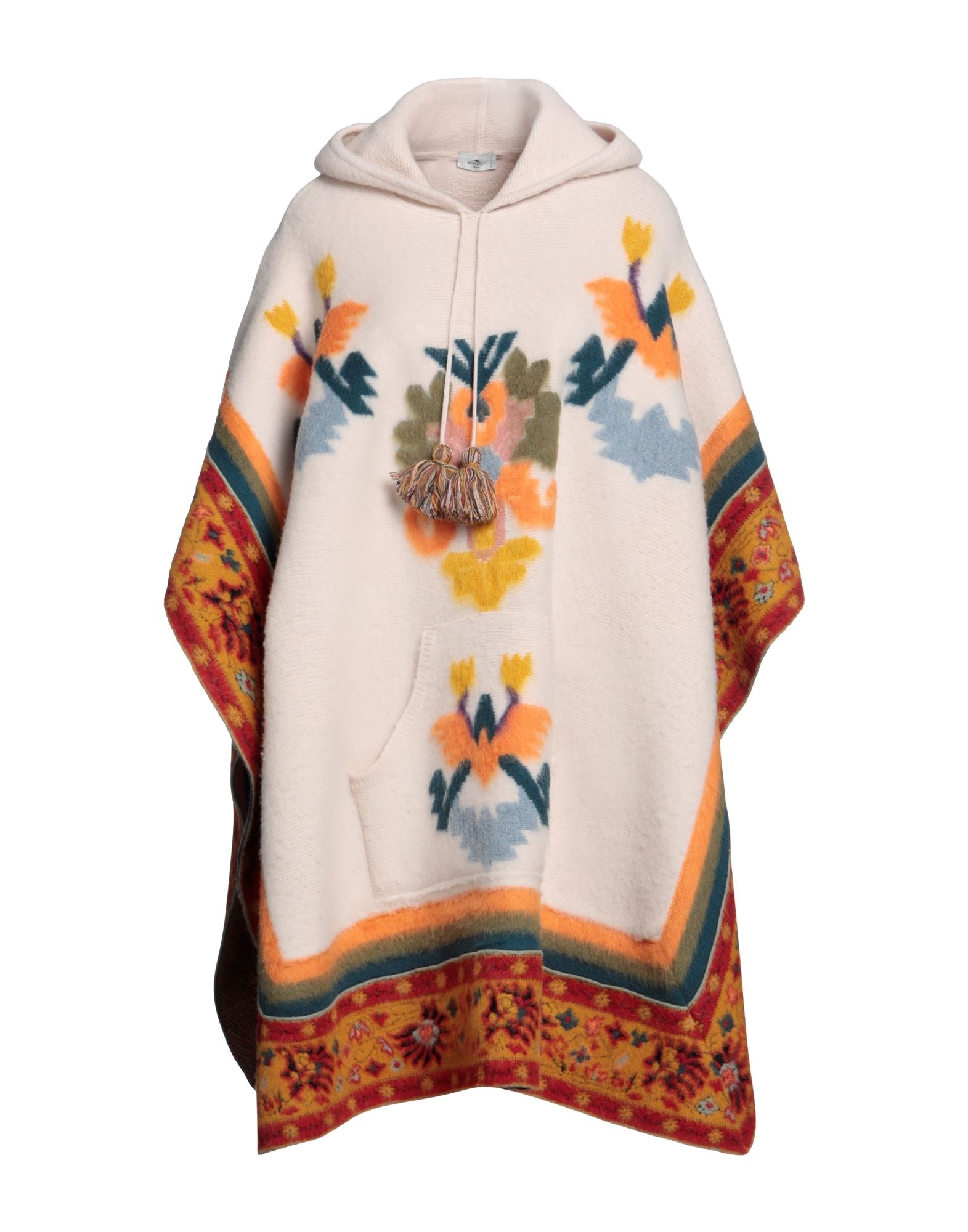 니트 소재, 미디엄웨이트 니트, 태슬, 플로럴 모티브, 후드, 싱글브레스티드, 슬리브리스, 안감없음, 포켓 1개, 판초 스타일. 이미지