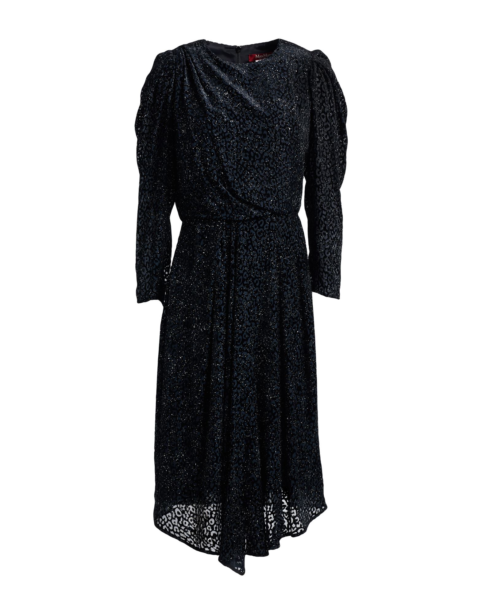 비대칭 디자인 드레스, 벨벳, 메탈릭 효과, 솔리드 컬러, 드레이프, 크루넥, 롱 슬리브, 퍼프 슬리브, 안감있음, 지퍼 여밈, 드라이클리닝, 표백 금지, 건조기 사용불가, 스타일과 우아함 그리고 화려함이 어우러진 멋진 파티 룩을 연출해줄 피스. 이미지