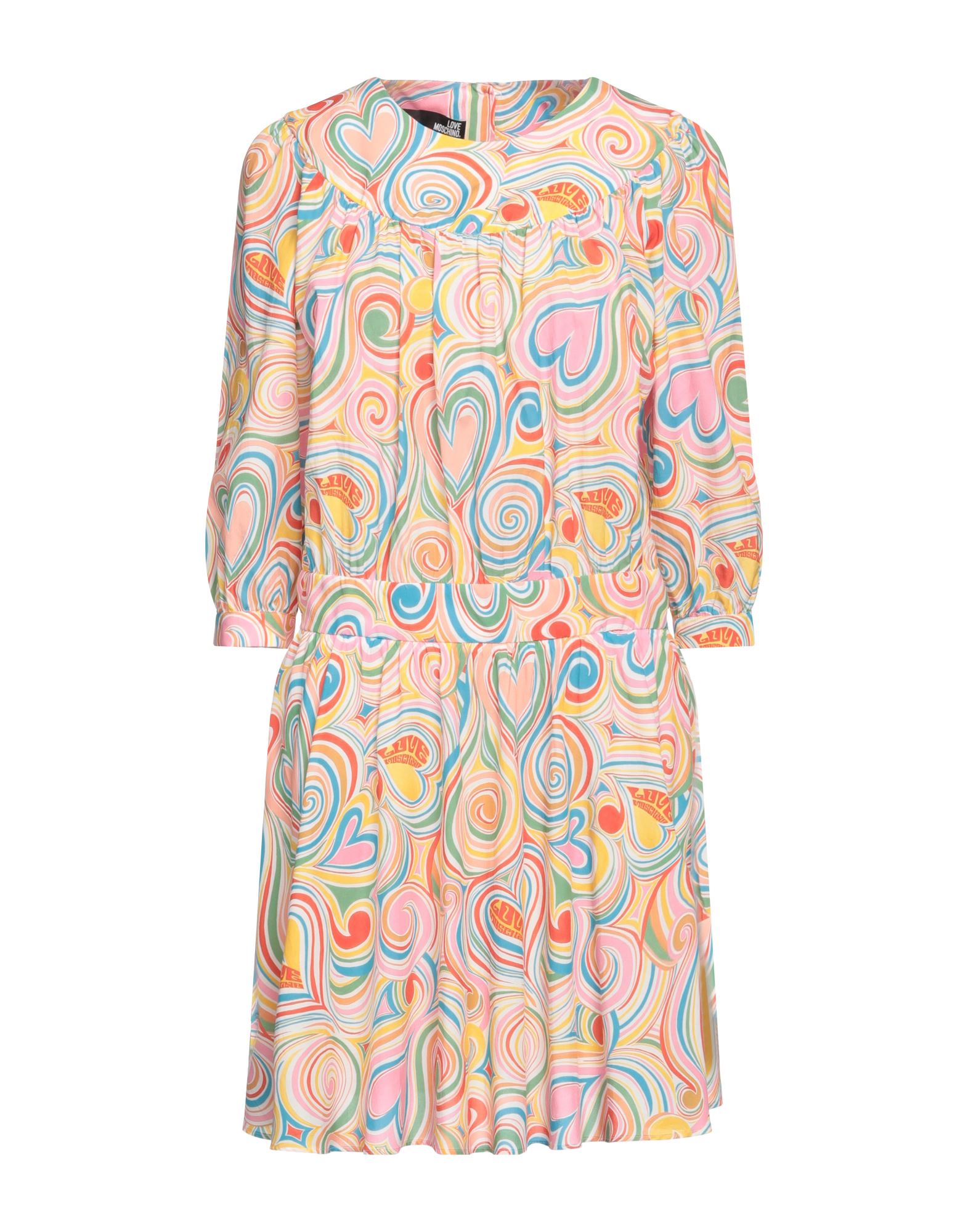 평직, 브랜드 로고, 멀티컬러 패턴, 옵티컬 패턴, 라운드 네크라인, 3/4길이 슬리브, 버튼 커프스, 안감없음, 1 버튼, 지퍼 클로저, 포켓 없음, 트라페즈 스커트. 이미지