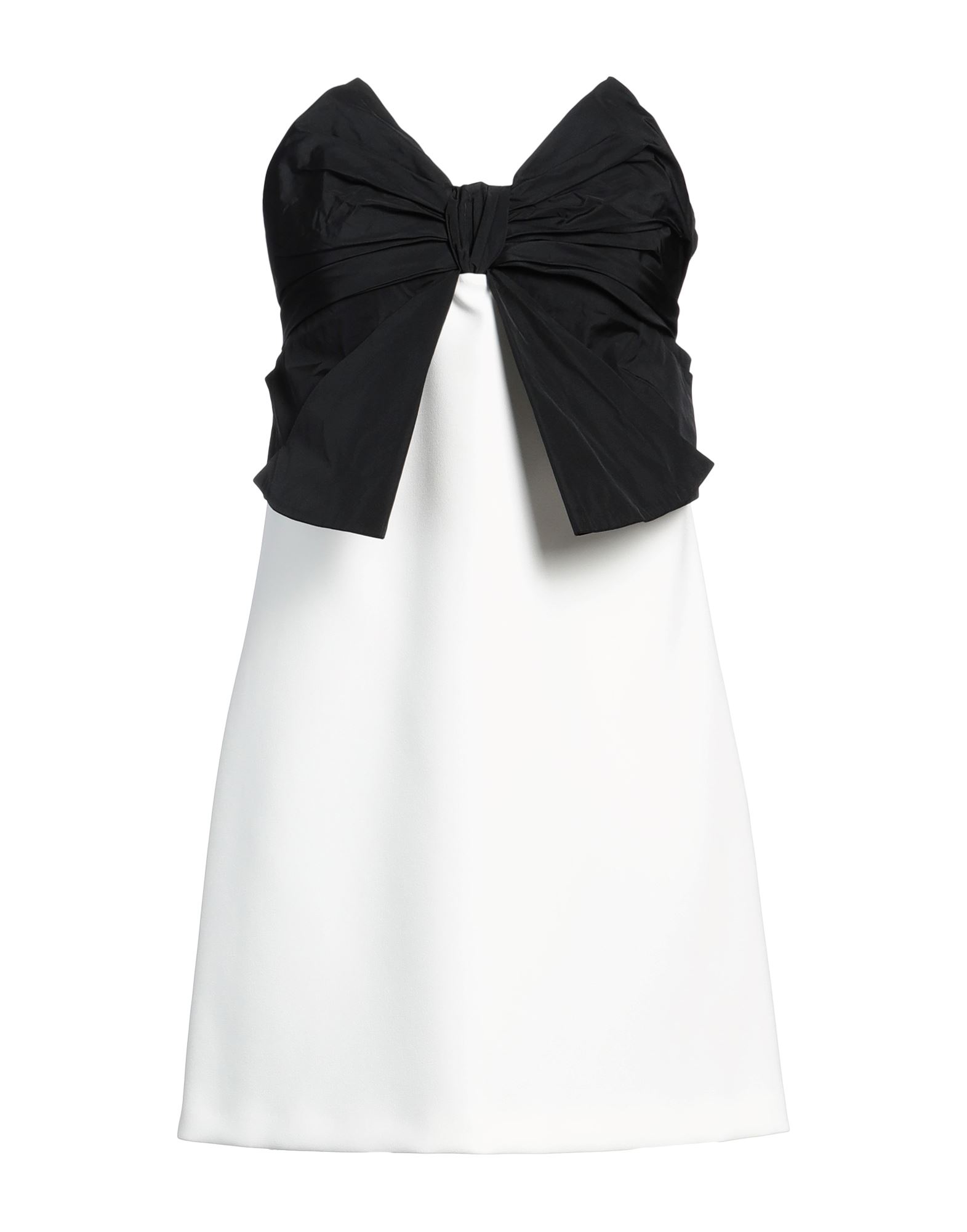 크레이프, 타프타, 보우 디테일, 디테쳐블 디테일, 투톤 패턴, 스트랩리스, 슬리브리스, 안감없음, 지퍼 여밈, 후크 여밈, 포켓 없음, 세탁기로 세탁, 표백 금지, 건조기 사용불가, 플레어 드레스. 이미지