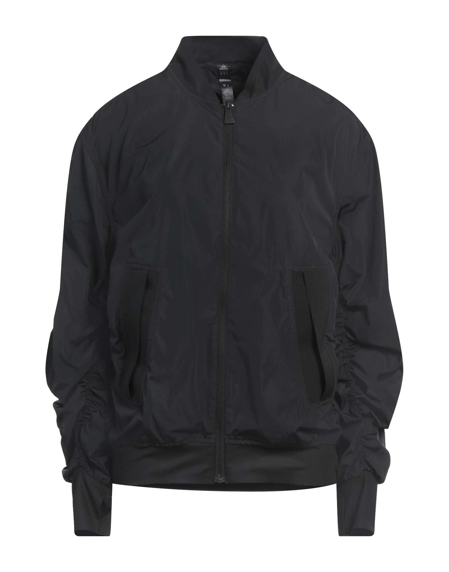 보머 자켓, 테크니컬 패브릭, 솔리드 컬러, 브랜드 로고, 개더 디테일, 크루넥, 싱글브레스티드, 롱 슬리브, 안감없음, 지퍼 여밈, 멀티 포켓, 스트레치, 세탁기로 세탁, 표백 금지, 건조기 사용불가. 이미지